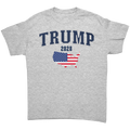 USA Flag Trump 2028 Campaign Art graphic tee featuring the USA flag and Trump 2028 design on a gray shirt.