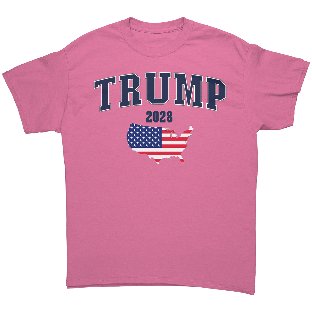 USA Flag Trump 2028 Campaign Art graphic tee with pink background and patriotic design featuring the USA flag.