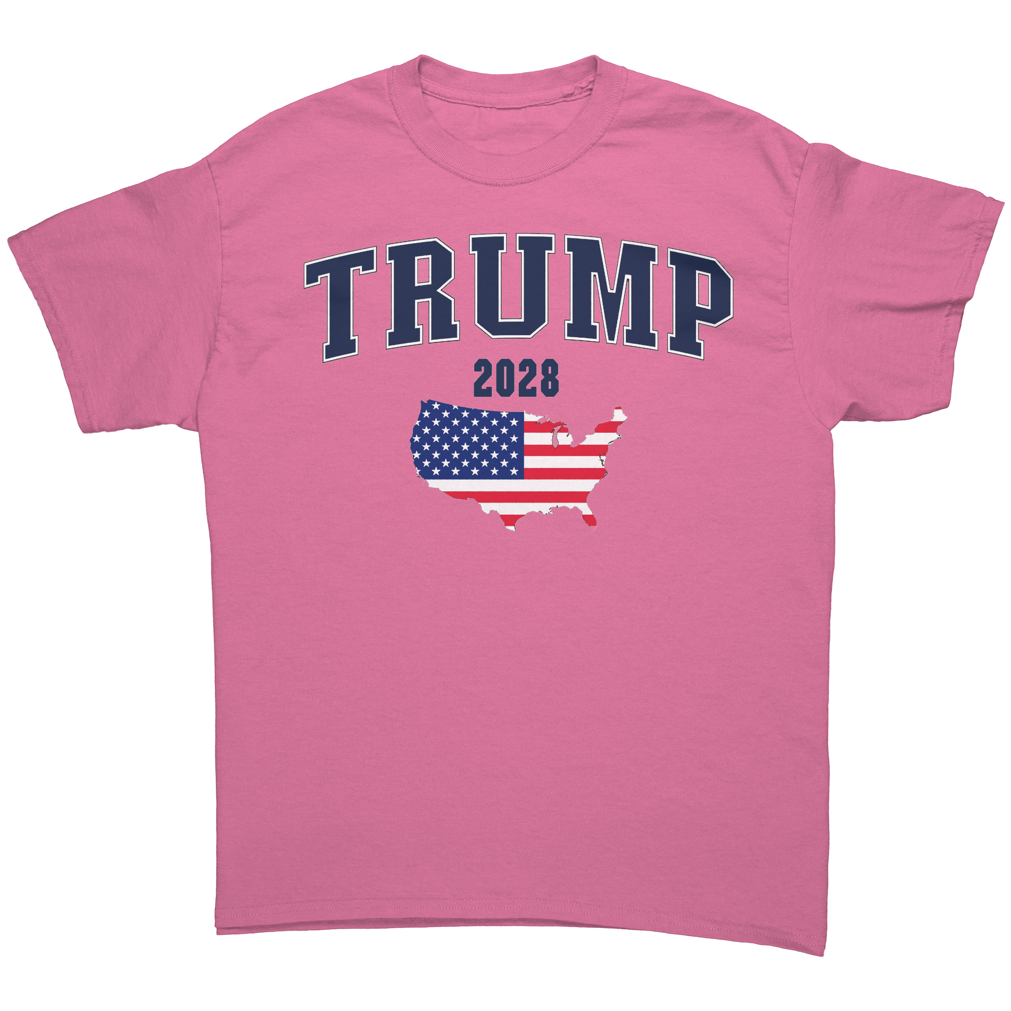 USA Flag Trump 2028 Campaign Art graphic tee with pink background and patriotic design featuring the USA flag.