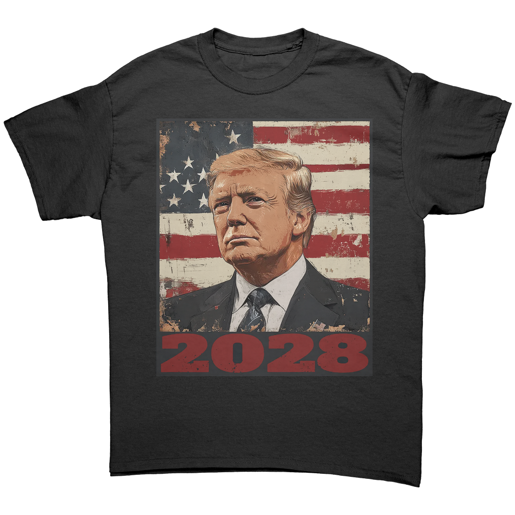 Trump 2028 USA Flag Motif Gear graphic tee featuring patriotic design with Donald Trump and American flag.