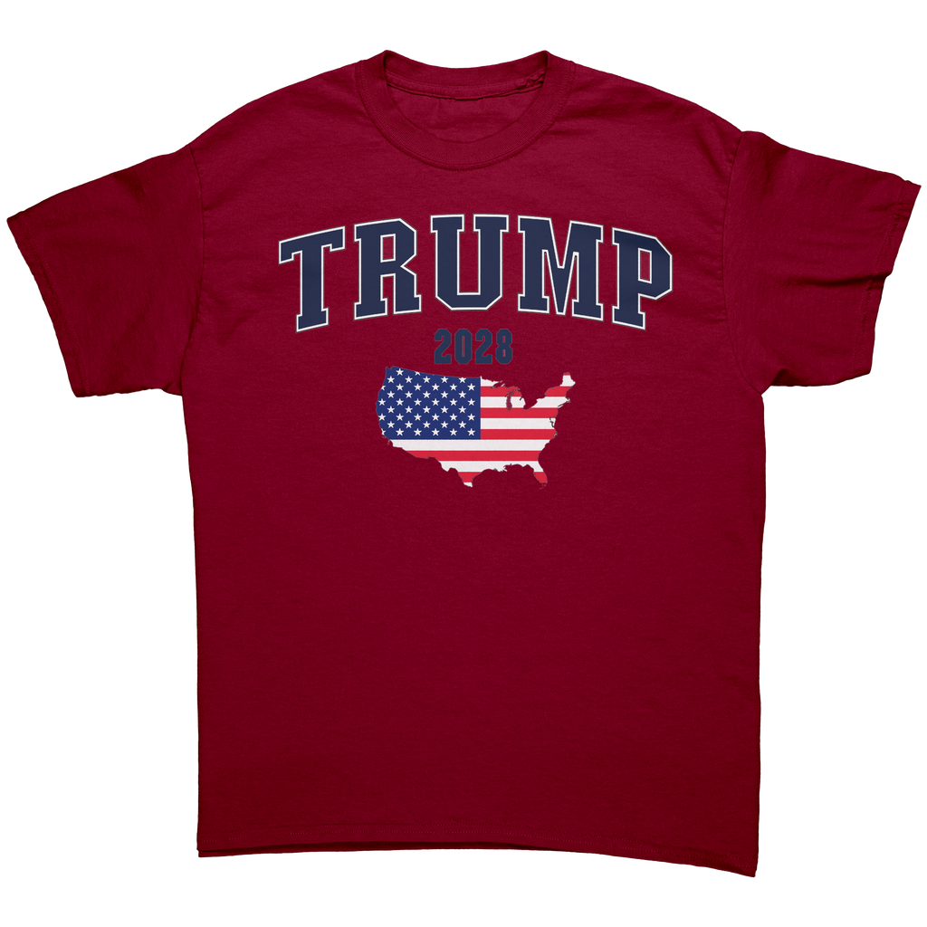 USA Flag Trump 2028 Campaign Art graphic tee in red with patriotic design and bold lettering