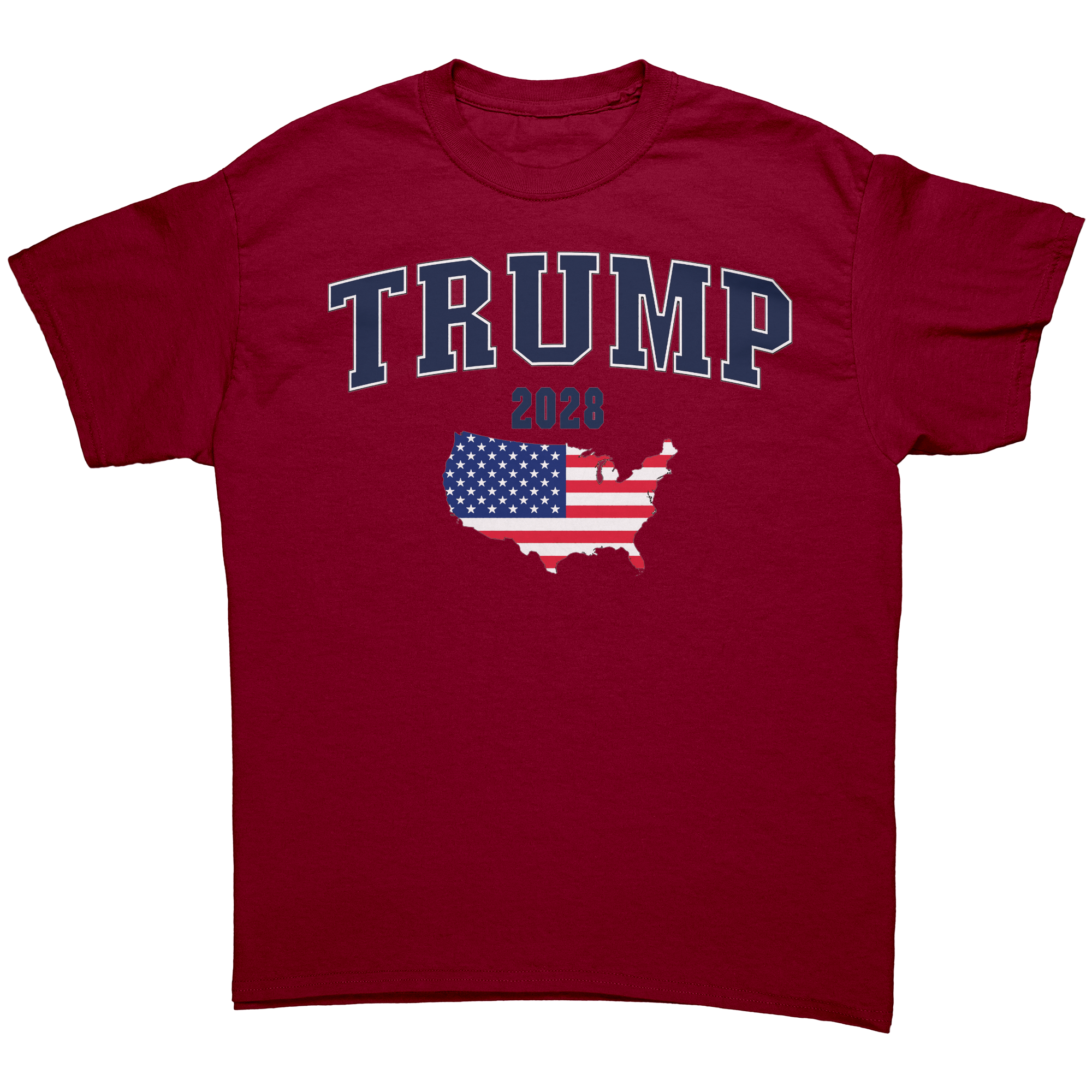 USA Flag Trump 2028 Campaign Art graphic tee in red with patriotic design and bold lettering