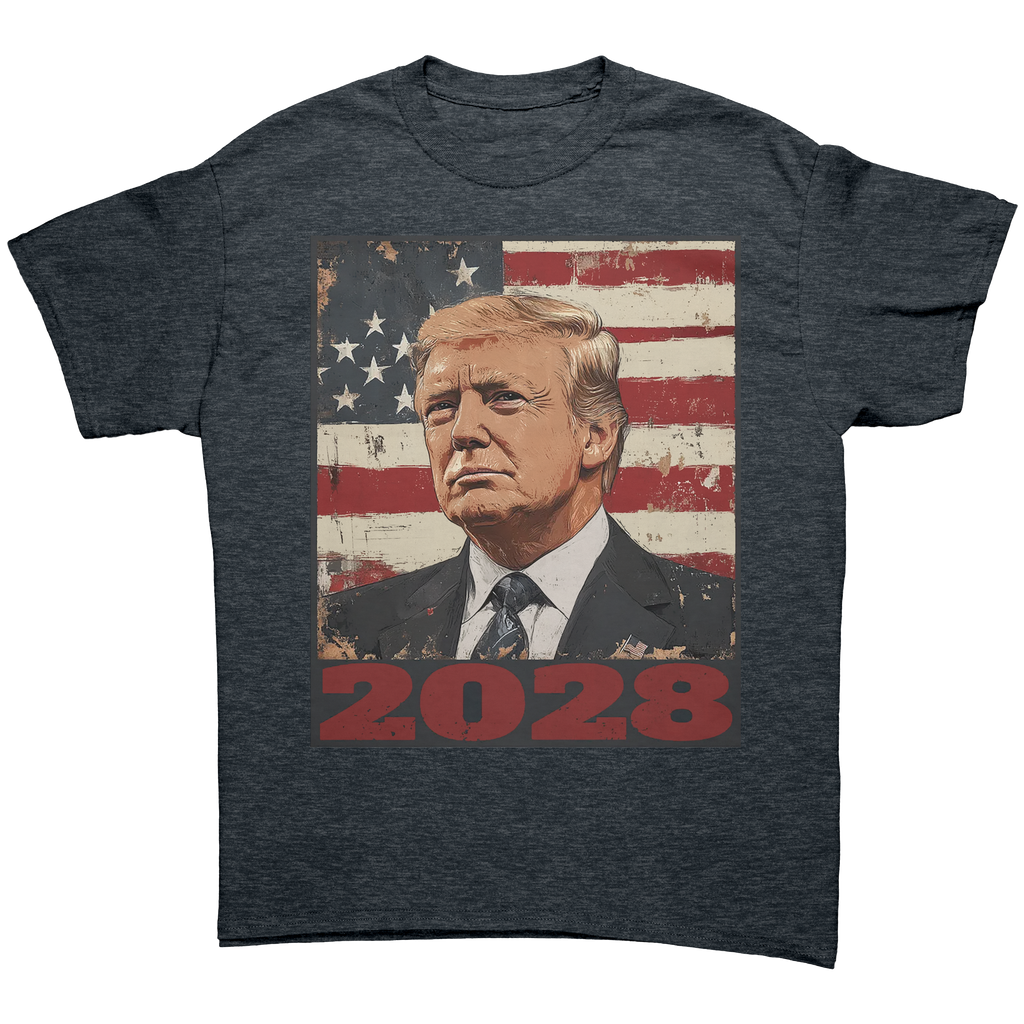 Trump 2028 USA Flag Motif Gear graphic tee featuring portrait of Trump on an American flag backdrop.