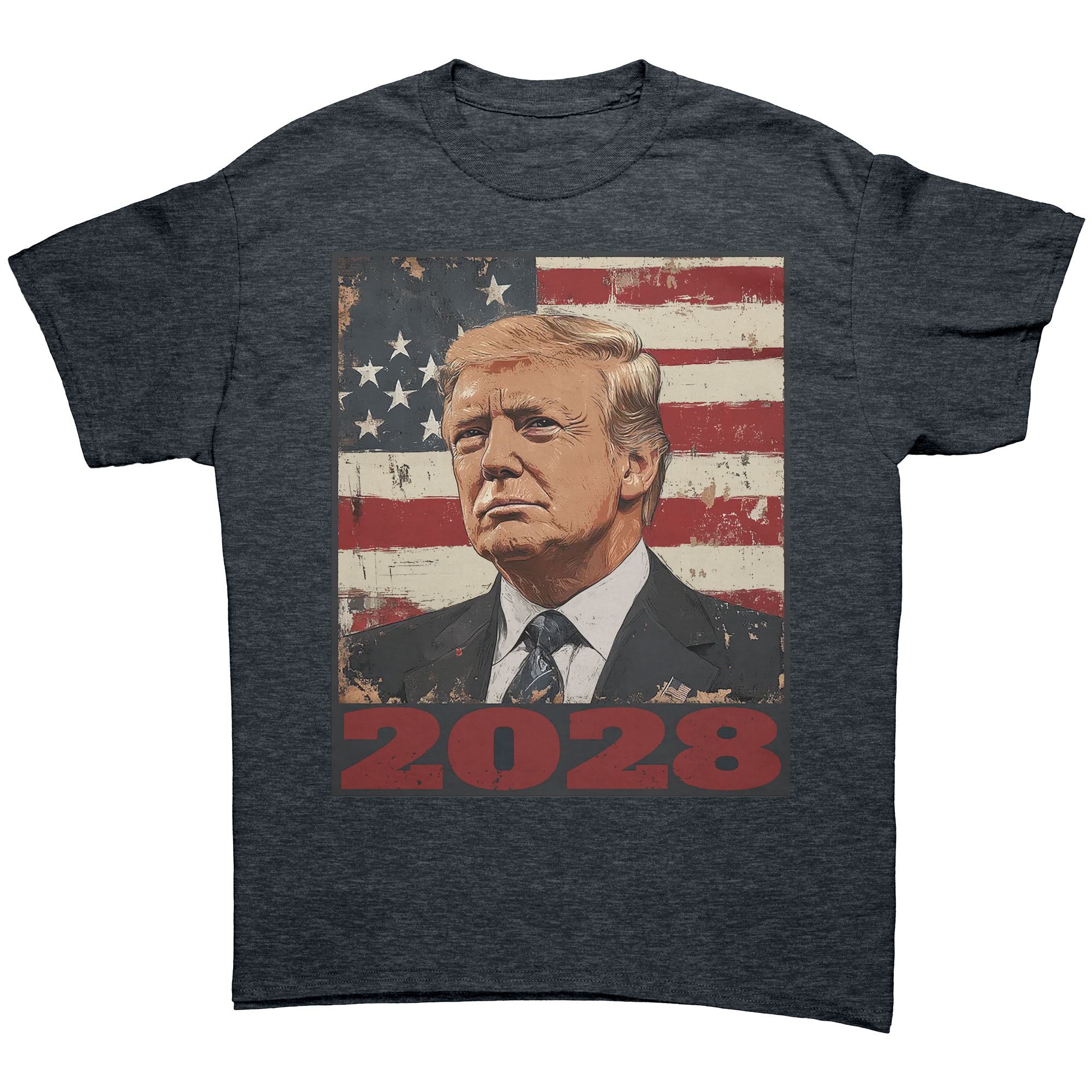 Trump 2028 USA Flag Motif Gear graphic tee featuring portrait of Trump on an American flag backdrop.