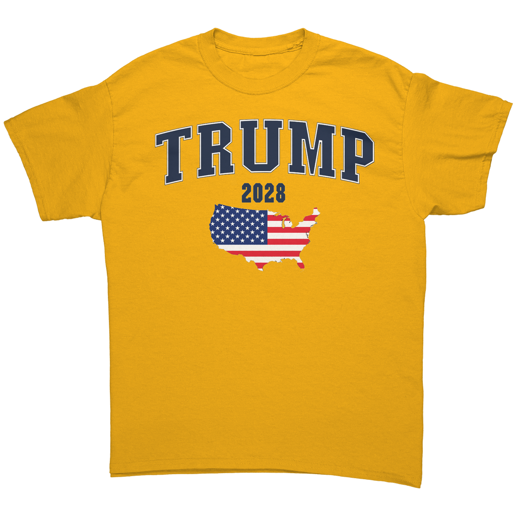 USA Flag Trump 2028 Campaign Art graphic tee featuring bold colors and patriotic design.