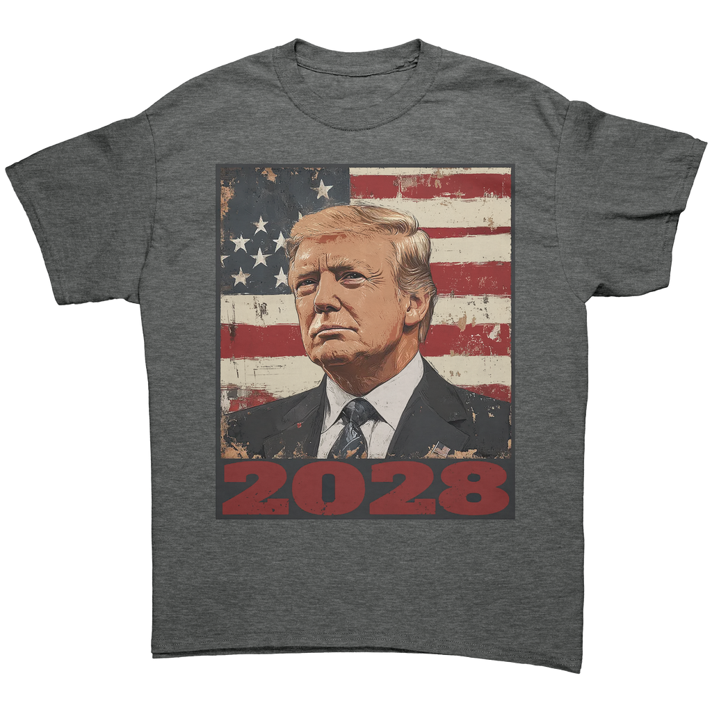 Trump 2028 USA Flag Motif Gear graphic tee featuring patriotic design and bold 2028 print.