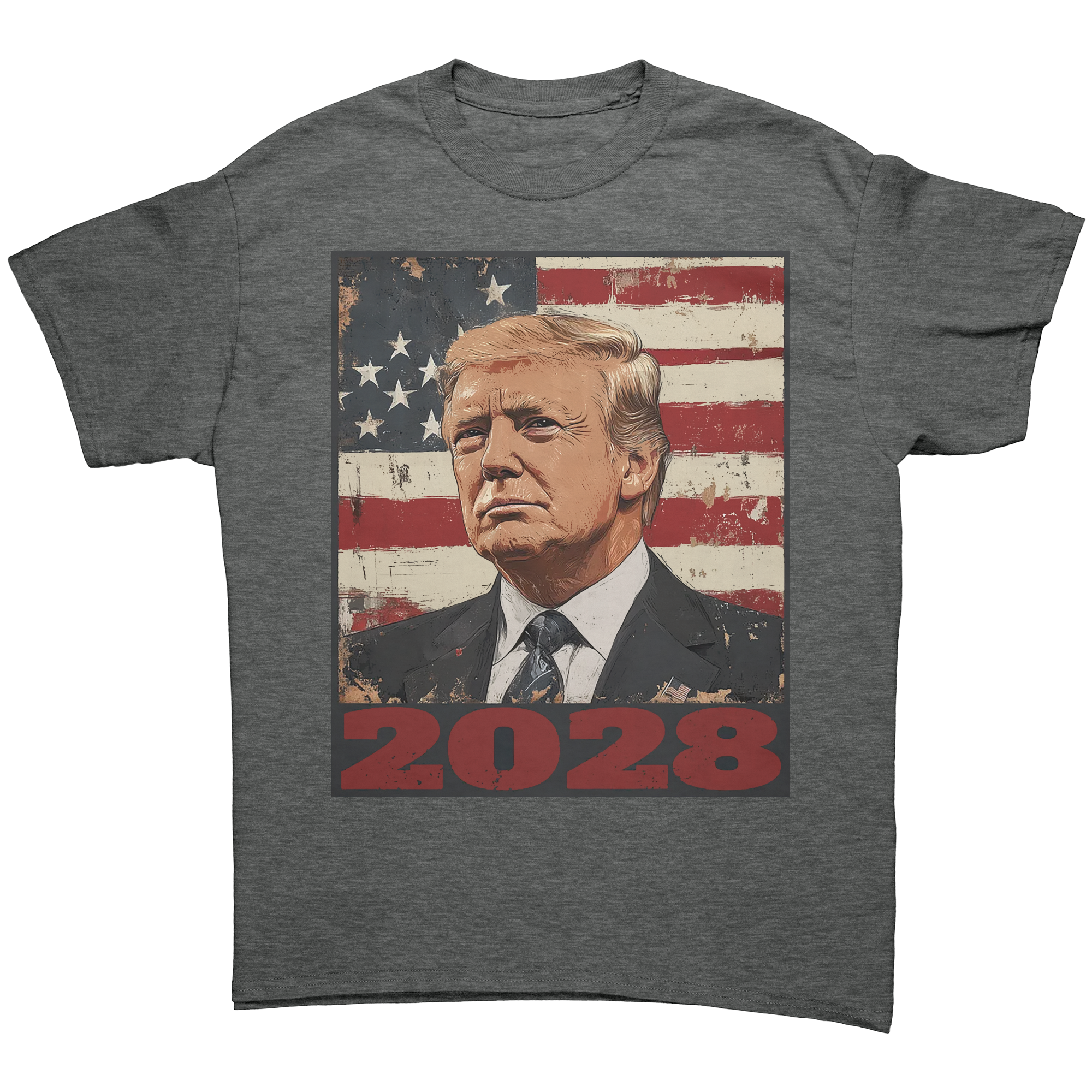 Trump 2028 USA Flag Motif Gear graphic tee featuring patriotic design and bold 2028 print.