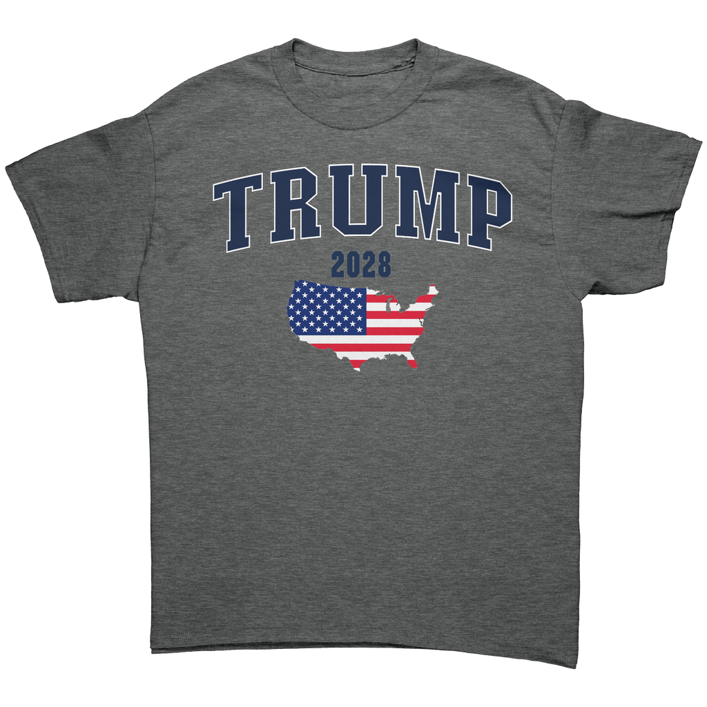 USA Flag Trump 2028 Campaign Art graphic tee featuring the USA map and patriotic colors.
