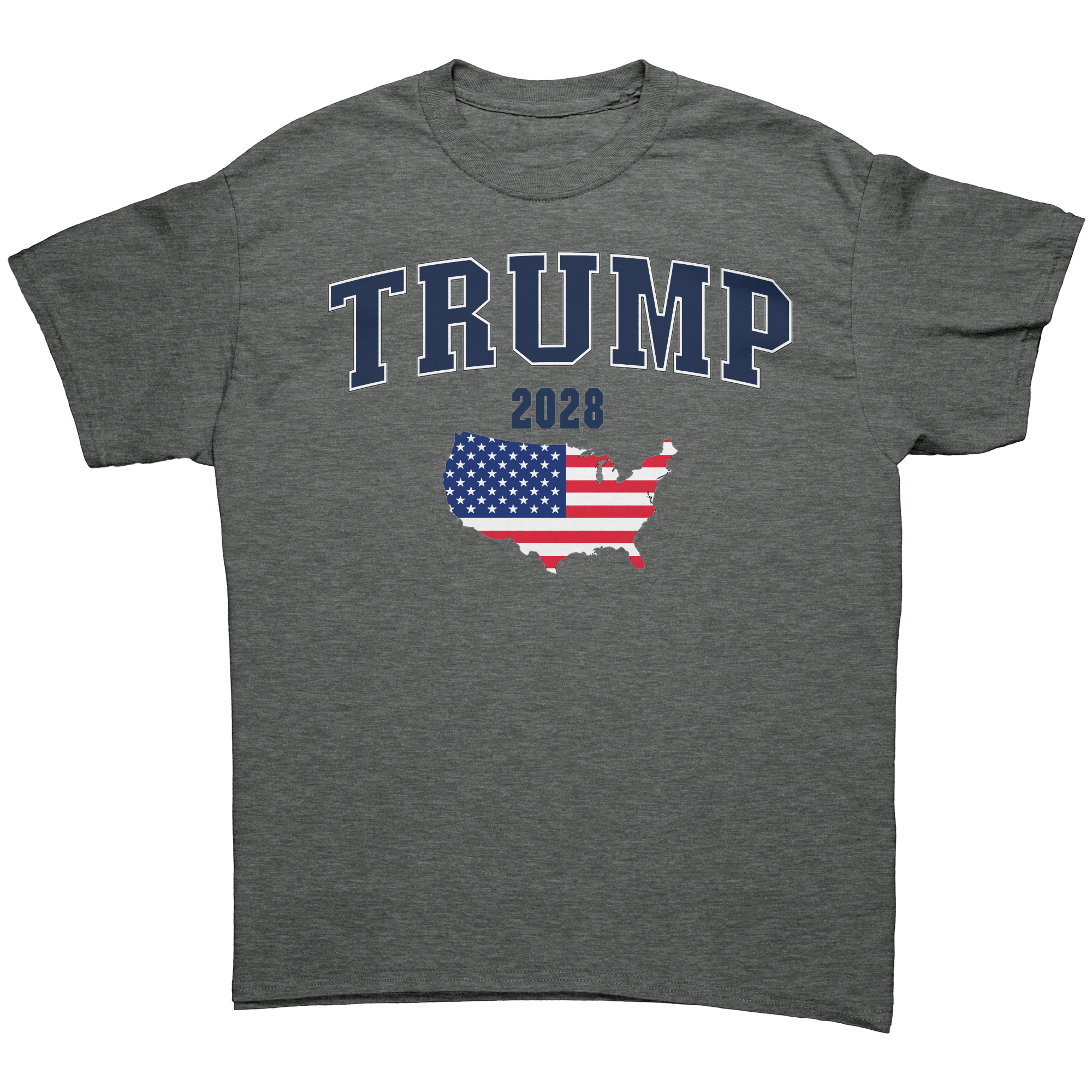 USA Flag Trump 2028 Campaign Art graphic tee featuring the USA map and patriotic colors.