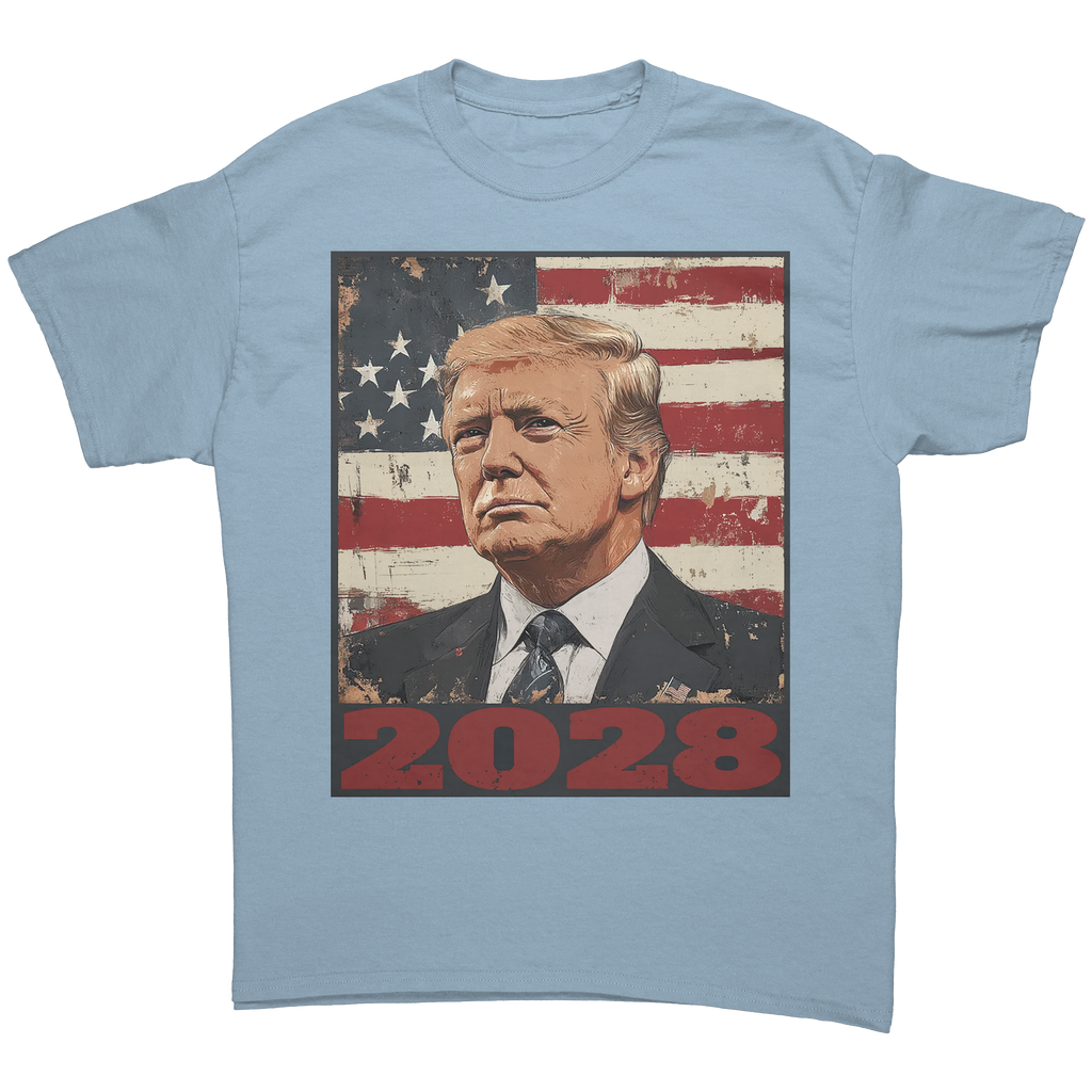 Trump 2028 USA Flag Motif Gear graphic tee featuring a patriotic design with Donald Trump and an American flag.