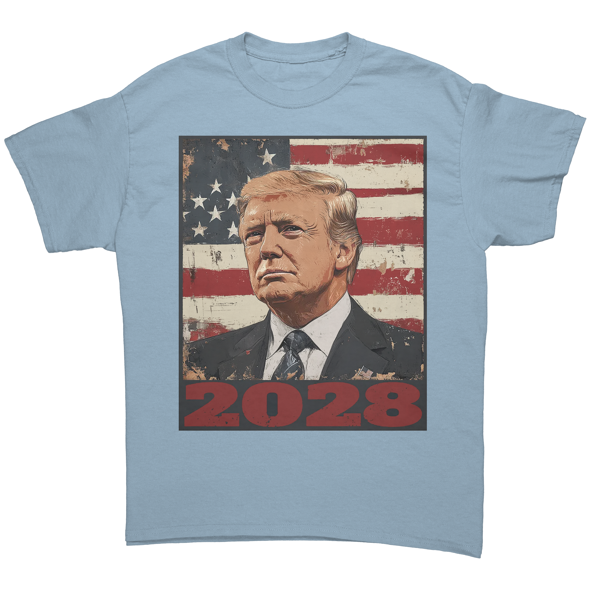 Trump 2028 USA Flag Motif Gear graphic tee featuring a patriotic design with Donald Trump and an American flag.