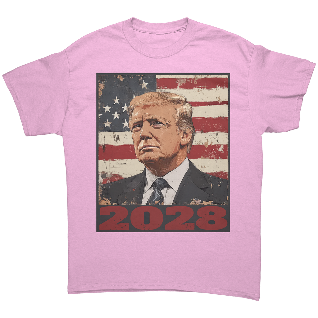 Trump 2028 USA Flag Motif Gear graphic tee featuring patriotic design and bold 2028 text.