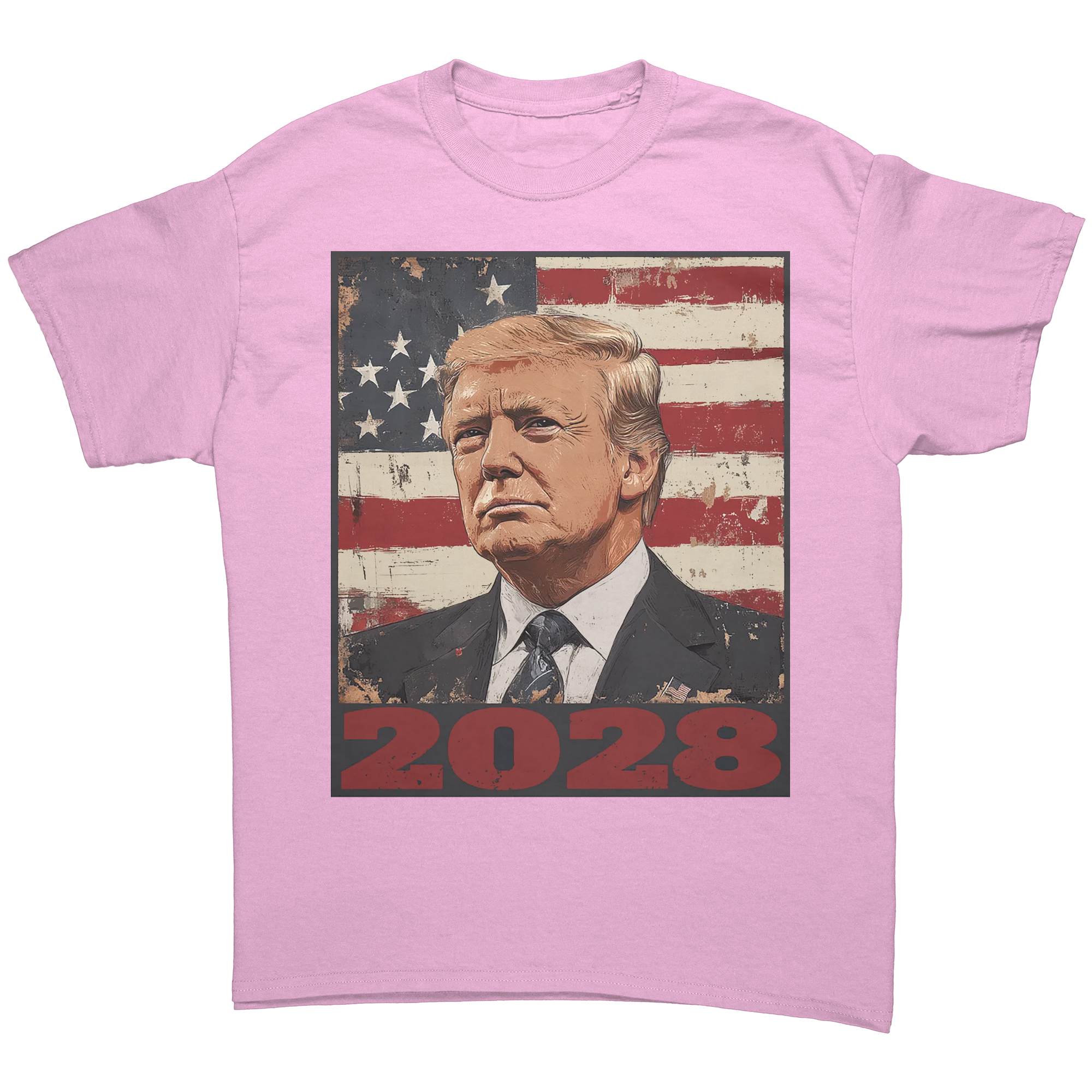 Trump 2028 USA Flag Motif Gear graphic tee featuring patriotic design and bold 2028 text.