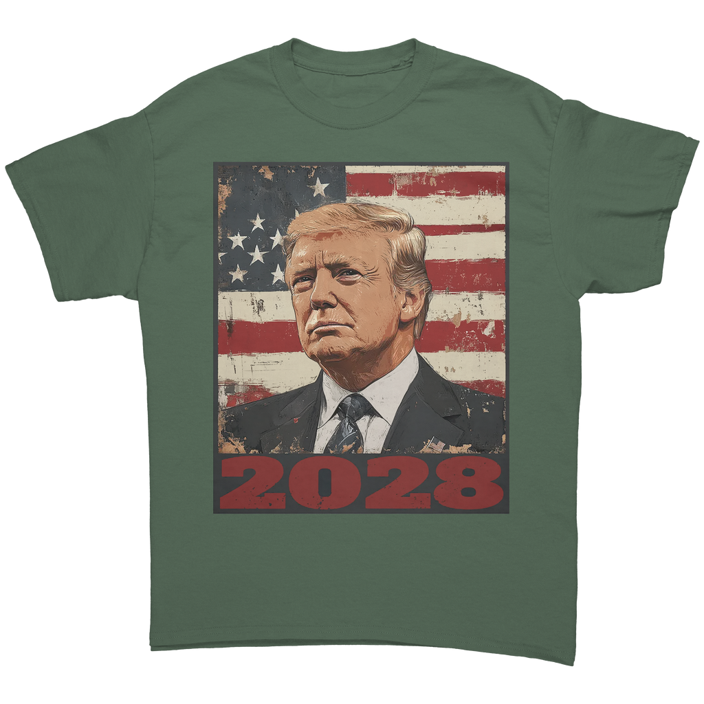 Trump 2028 USA Flag Motif Gear graphic tee featuring Donald Trump with a USA flag background.