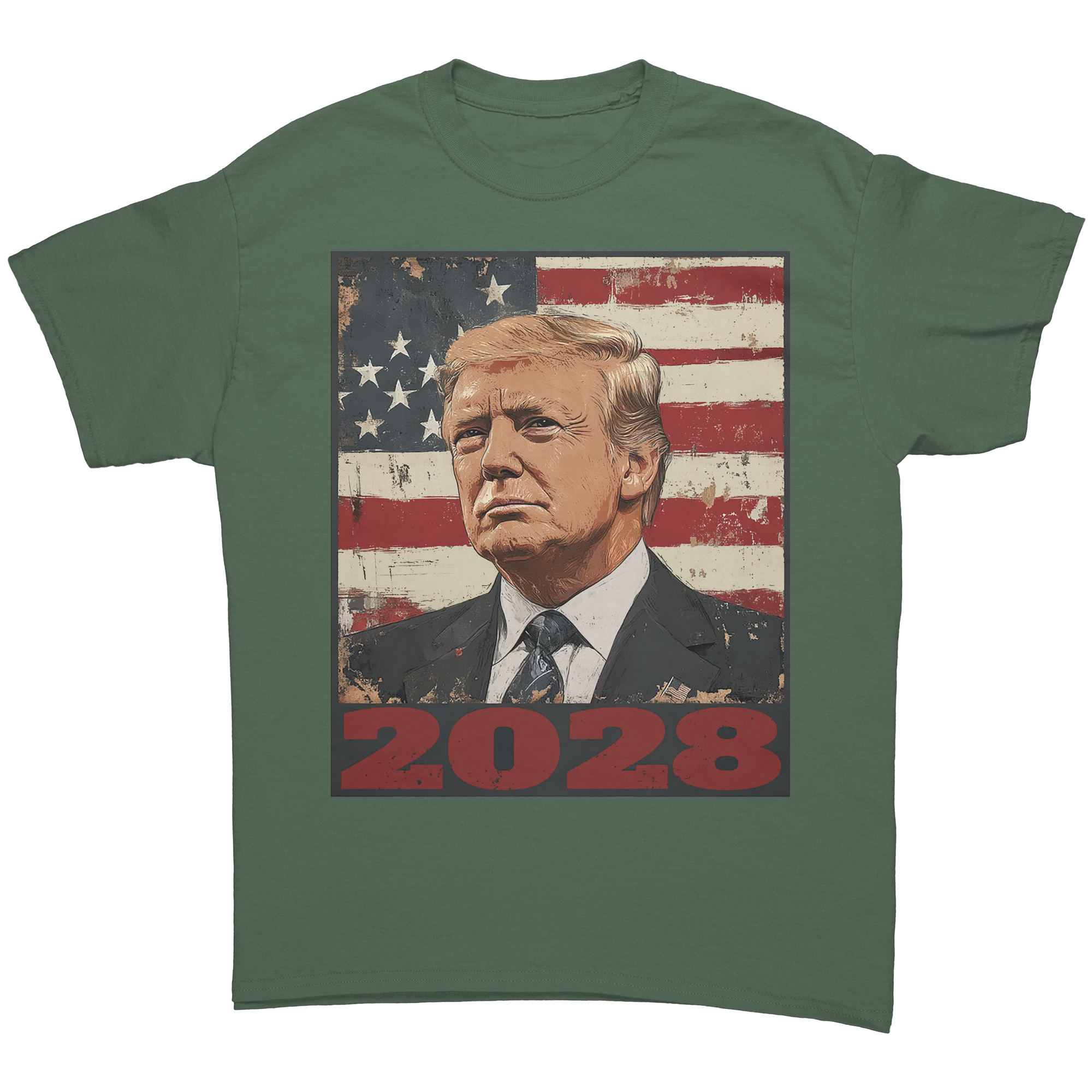Trump 2028 USA Flag Motif Gear graphic tee featuring Donald Trump with a USA flag background.
