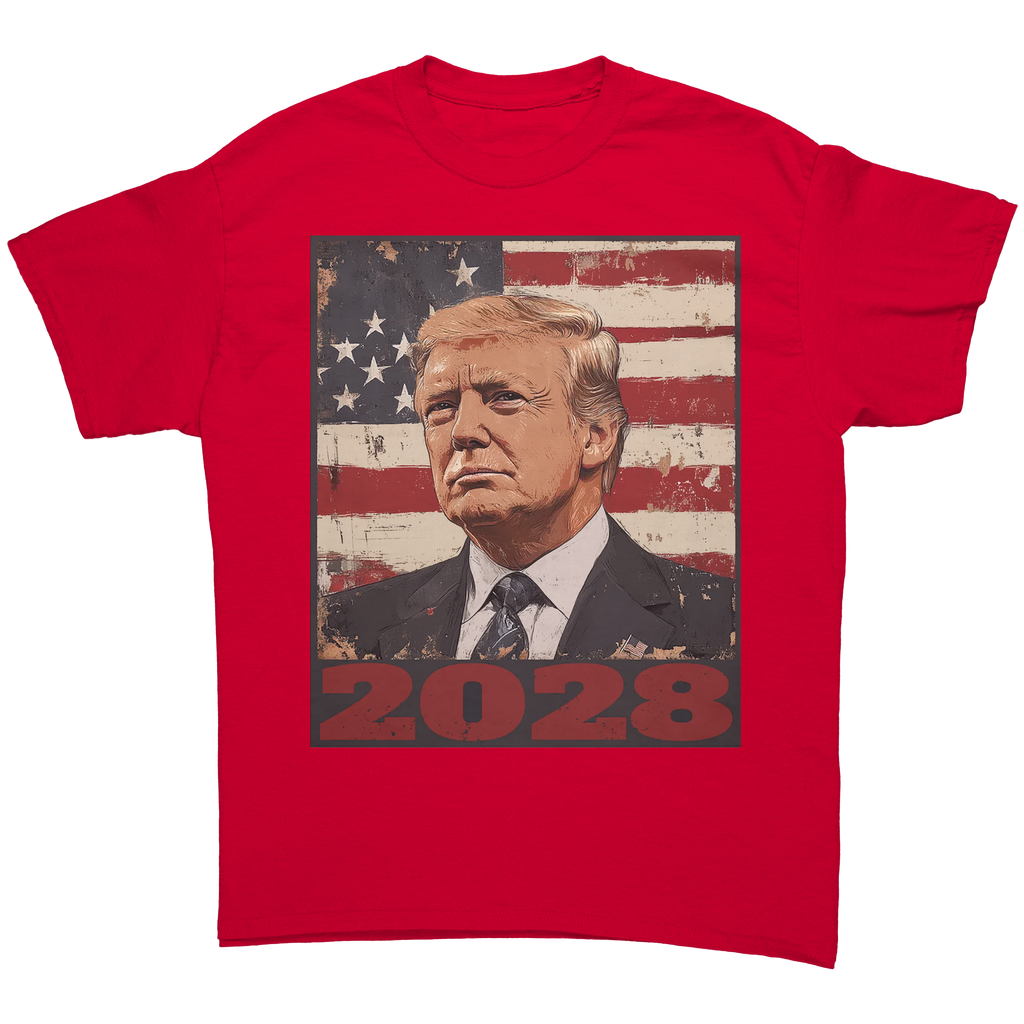 Trump 2028 USA Flag Motif Gear graphic tee with patriotic design featuring an image of Trump.