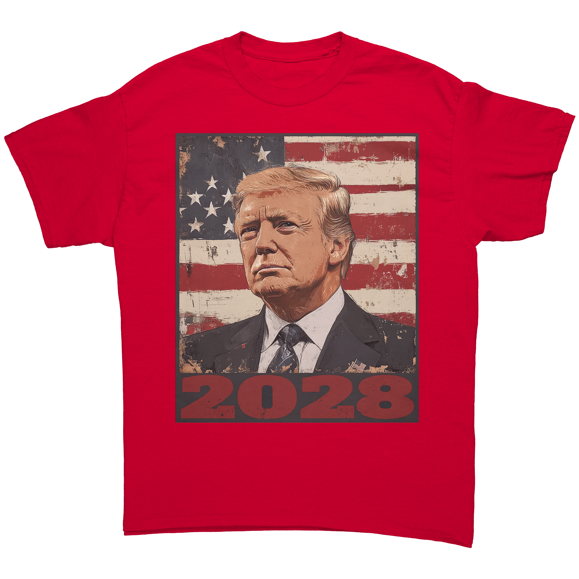 Trump 2028 USA Flag Motif Gear graphic tee with patriotic design featuring an image of Trump.
