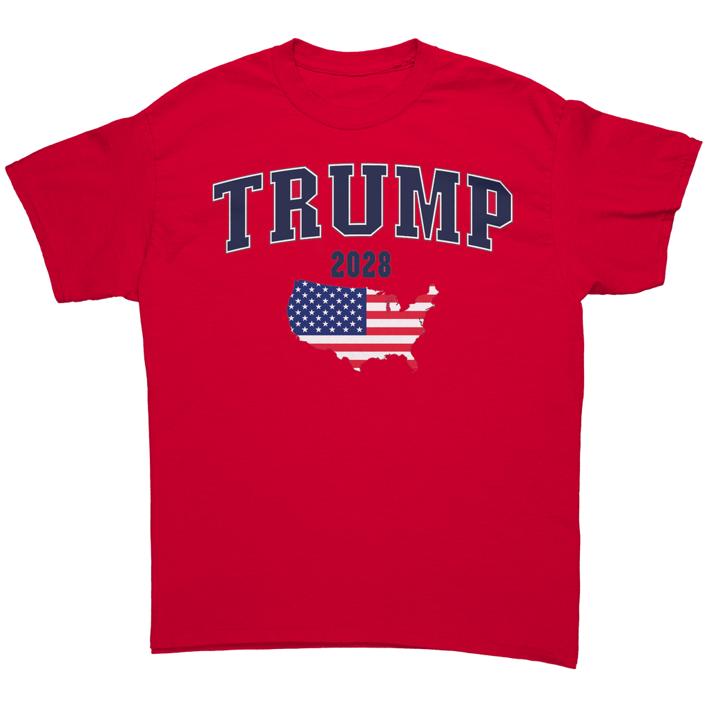 USA Flag Trump 2028 Campaign Art graphic tee featuring a red shirt with patriot-themed design.