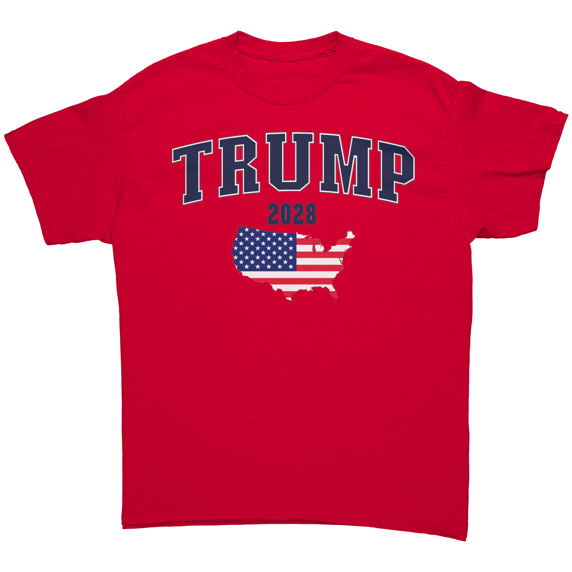 USA Flag Trump 2028 Campaign Art graphic tee featuring a red shirt with patriot-themed design.