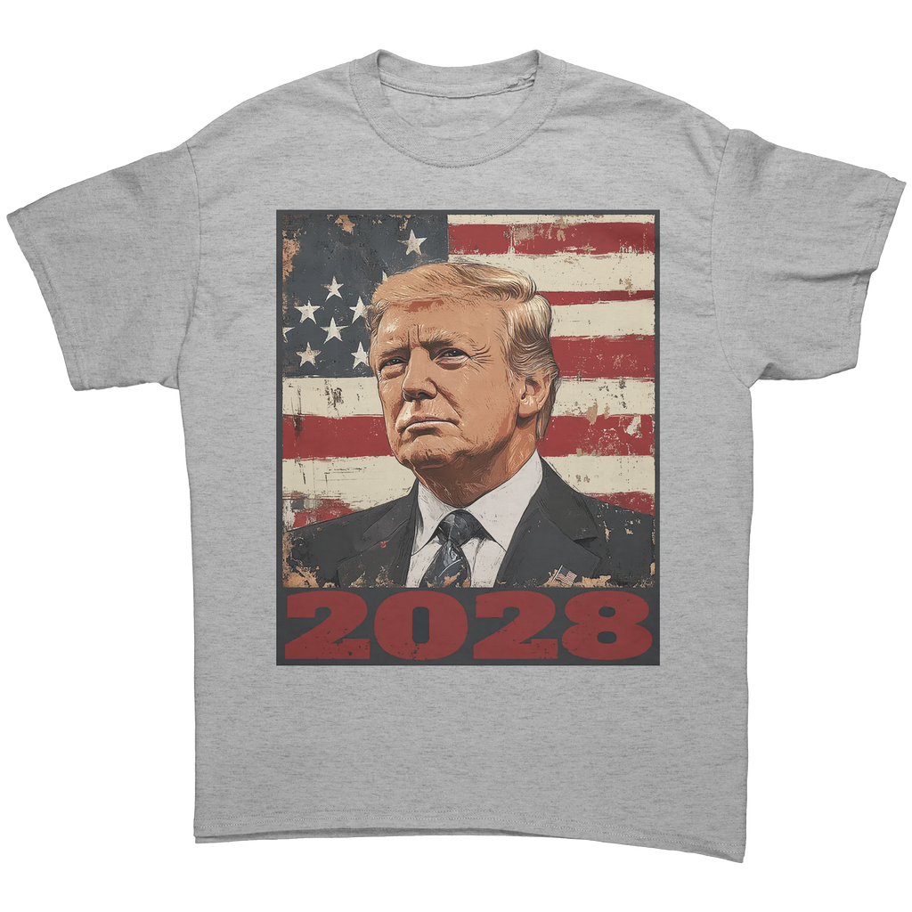 Trump 2028 USA Flag Motif Gear graphic tee featuring patriotic design and national pride.