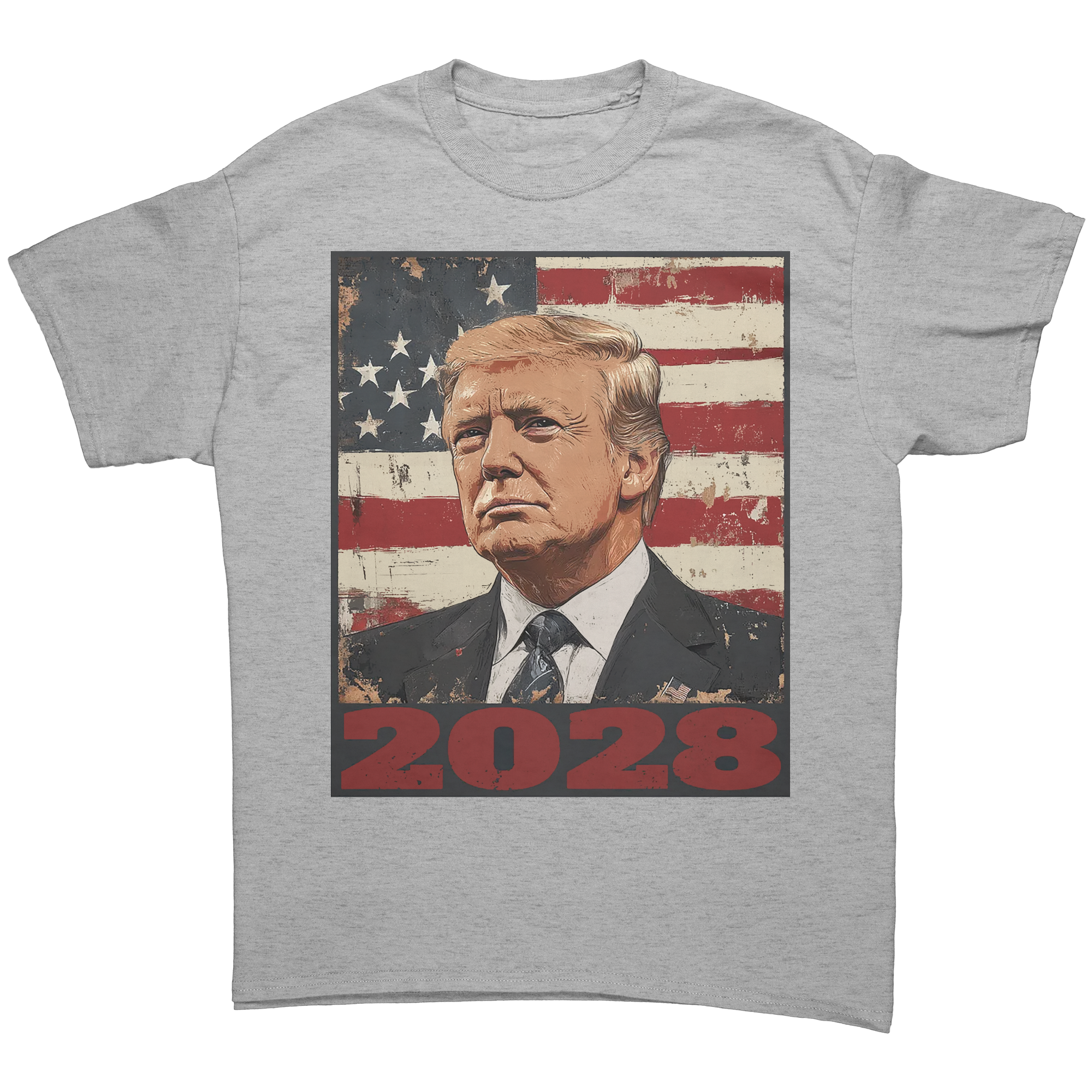 Trump 2028 USA Flag Motif Gear graphic tee featuring patriotic design and national pride.