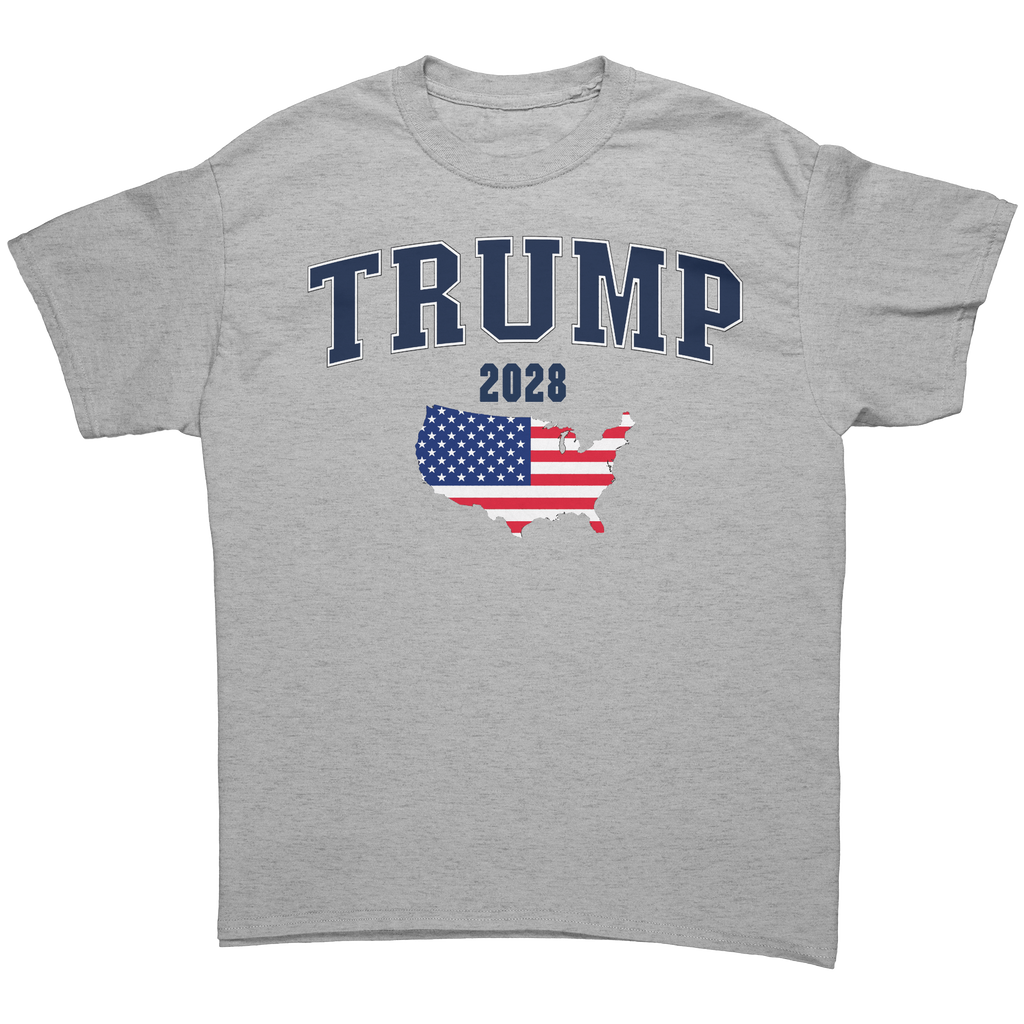 USA Flag Trump 2028 Campaign Art graphic tee featuring bold 'TRUMP 2028' text and USA flag design.