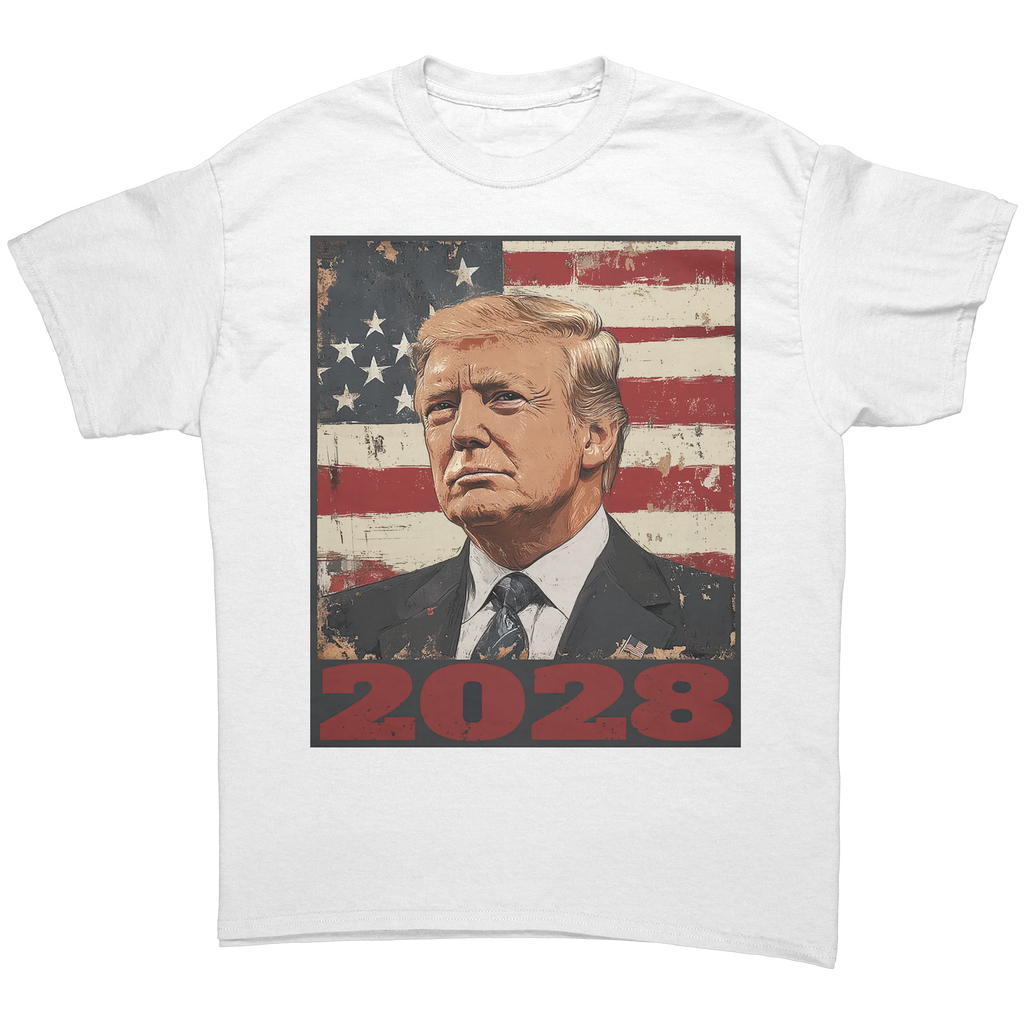 Trump 2028 USA Flag Motif Gear graphic tee featuring Trump and American flag design.
