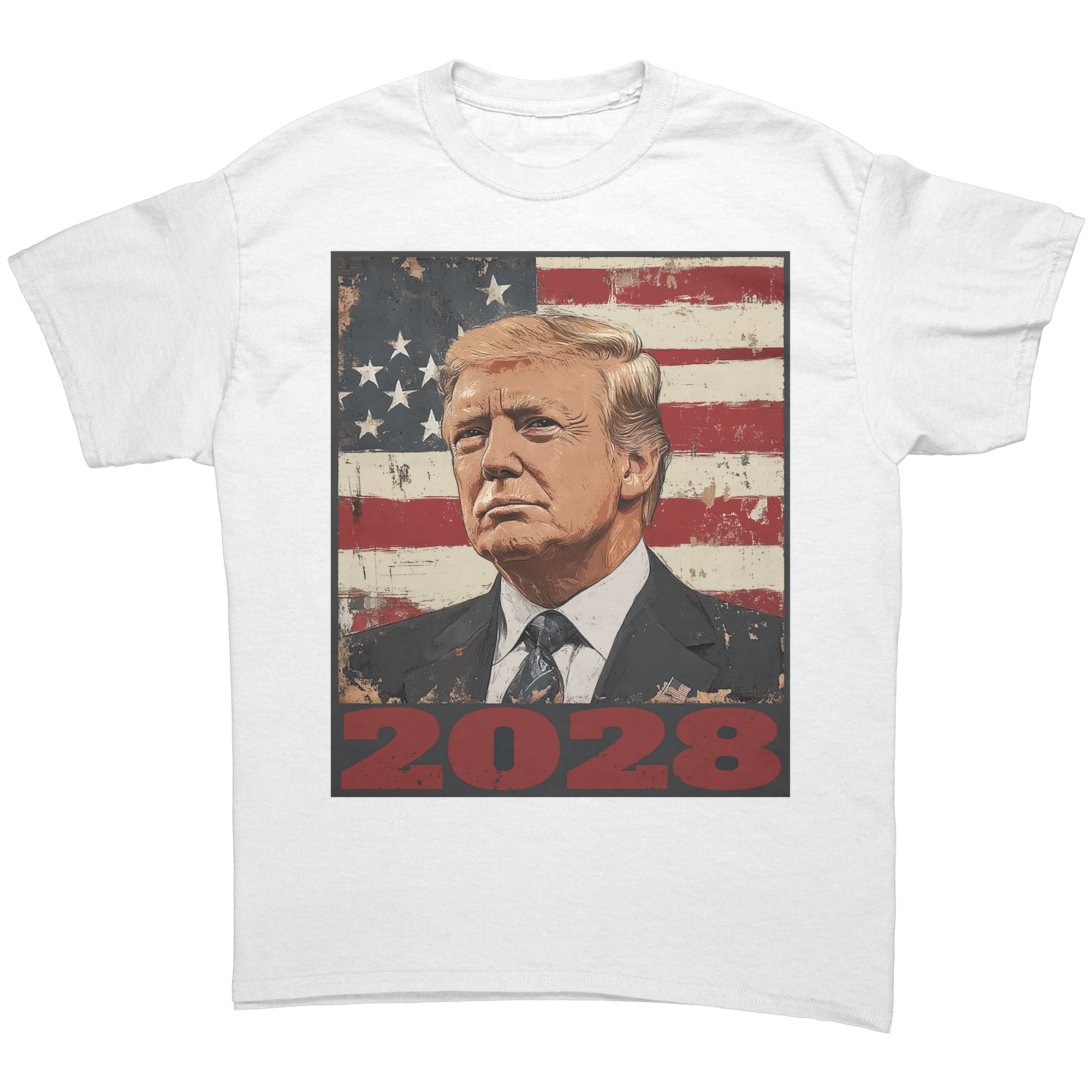 Trump 2028 USA Flag Motif Gear graphic tee featuring Trump and American flag design.