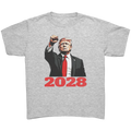 Bold Trump 2028 Fist Art Apparel graphic tee featuring a bold design of Trump raising his fist in support of 2028.