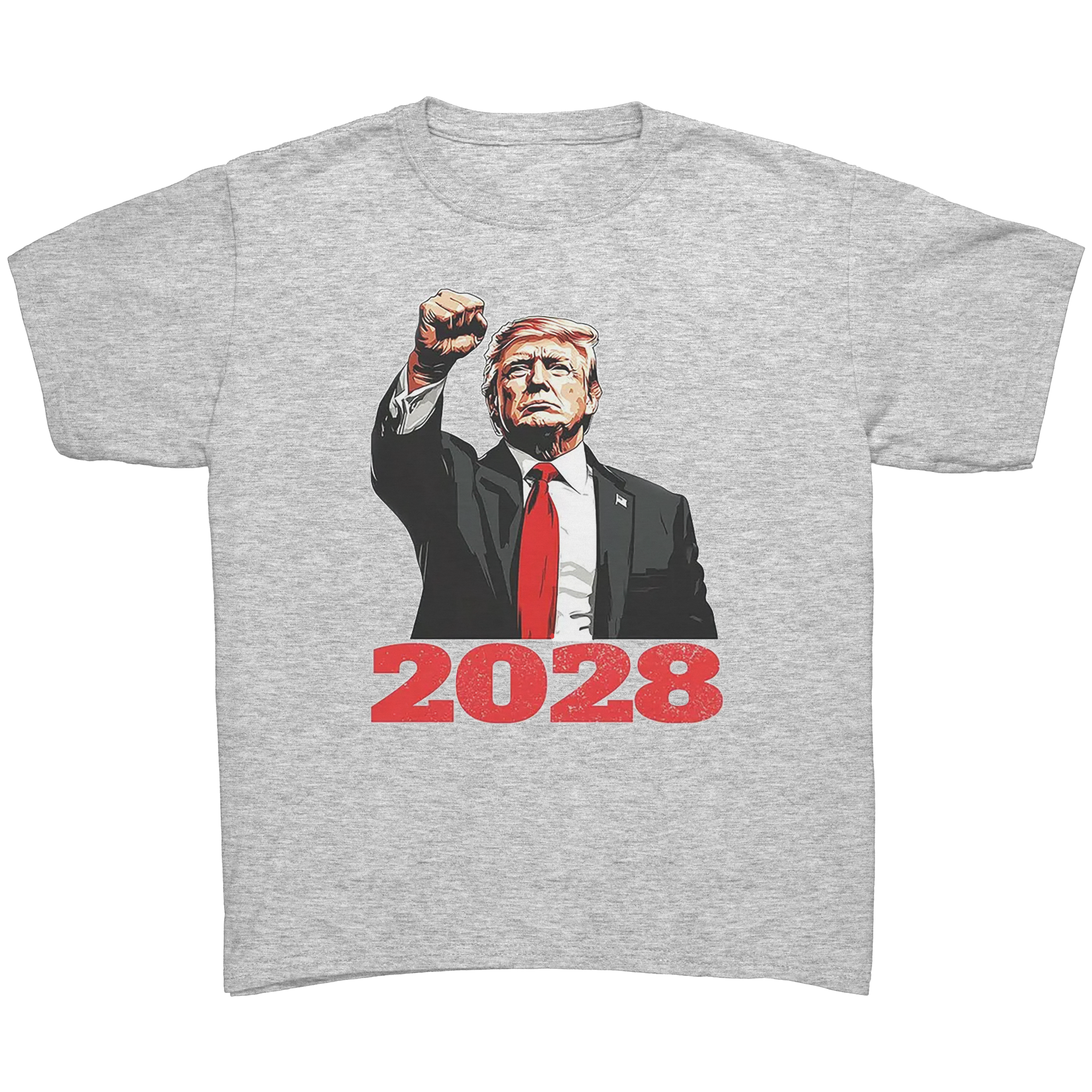 Bold Trump 2028 Fist Art Apparel graphic tee featuring a bold design of Trump raising his fist in support of 2028.