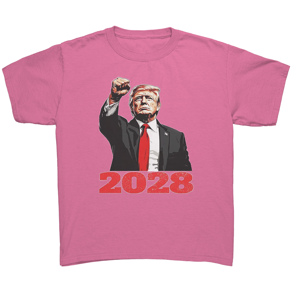 Bold Trump 2028 Fist Art Apparel graphic tee in pink featuring a bold 2028 design.