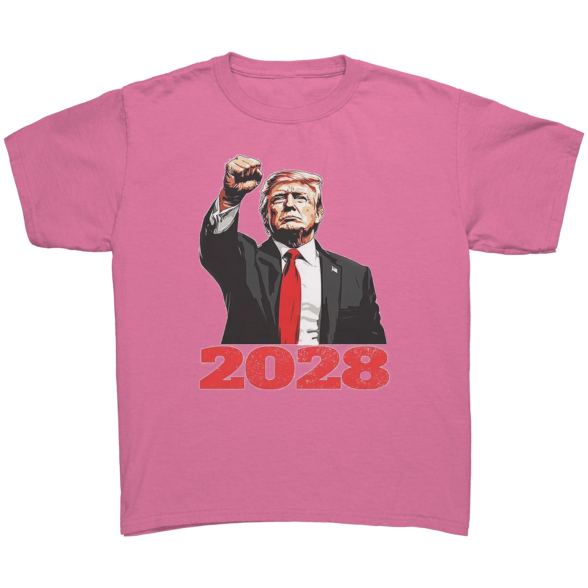 Bold Trump 2028 Fist Art Apparel graphic tee in pink featuring a bold 2028 design.