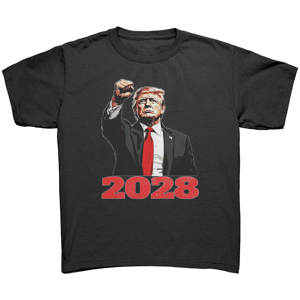 Bold Trump 2028 Fist Art Apparel graphic tee featuring a powerful design for patriotic supporters.