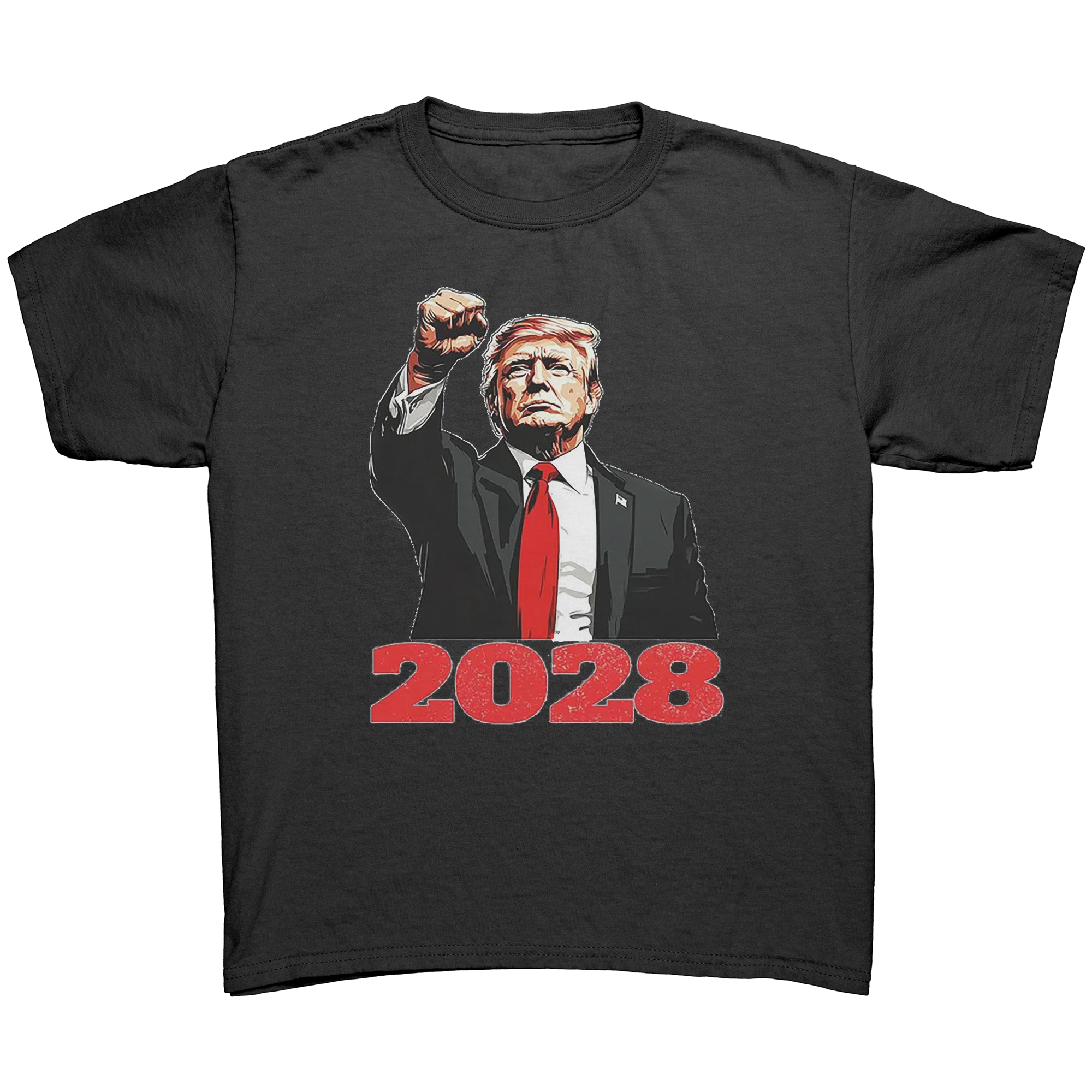 Bold Trump 2028 Fist Art Apparel graphic tee featuring a powerful design for patriotic supporters.