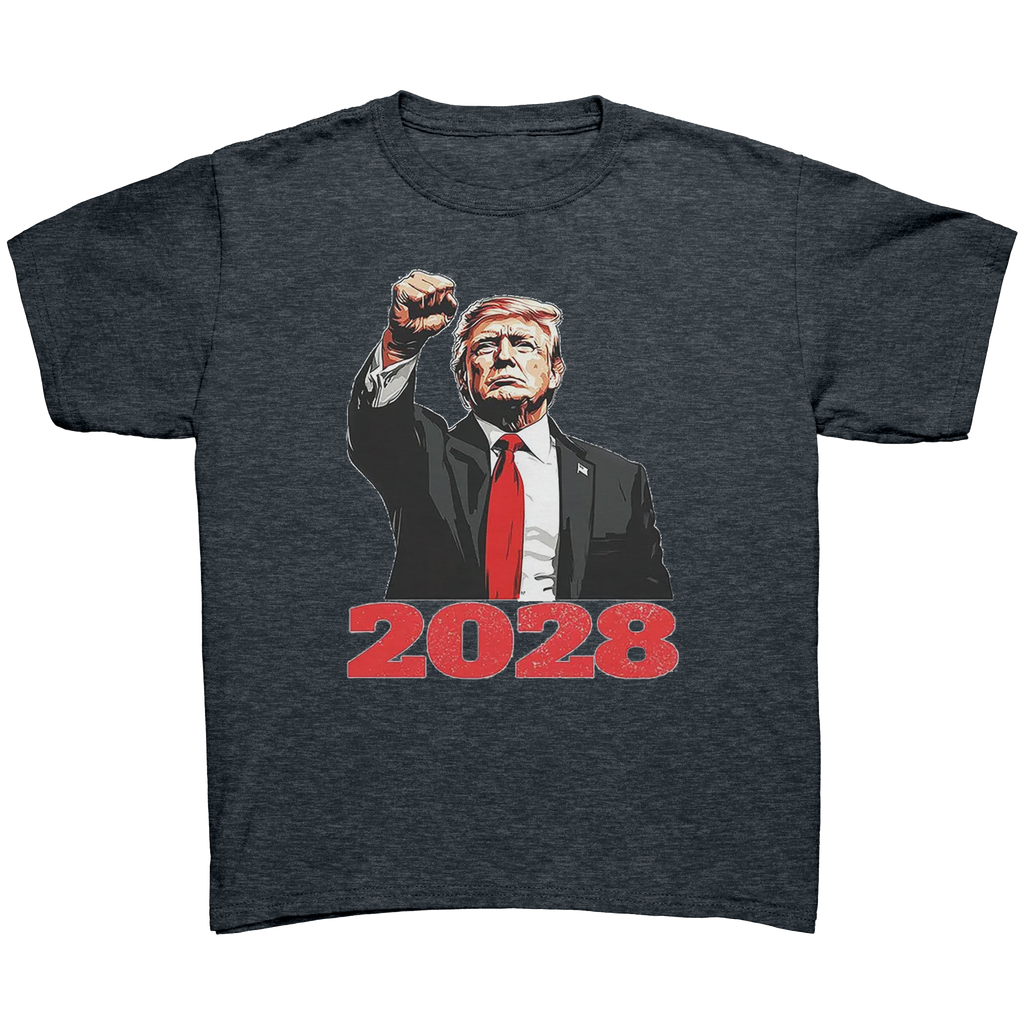 Bold Trump 2028 Fist Art Apparel graphic tee featuring a bold fist and the year 2028.