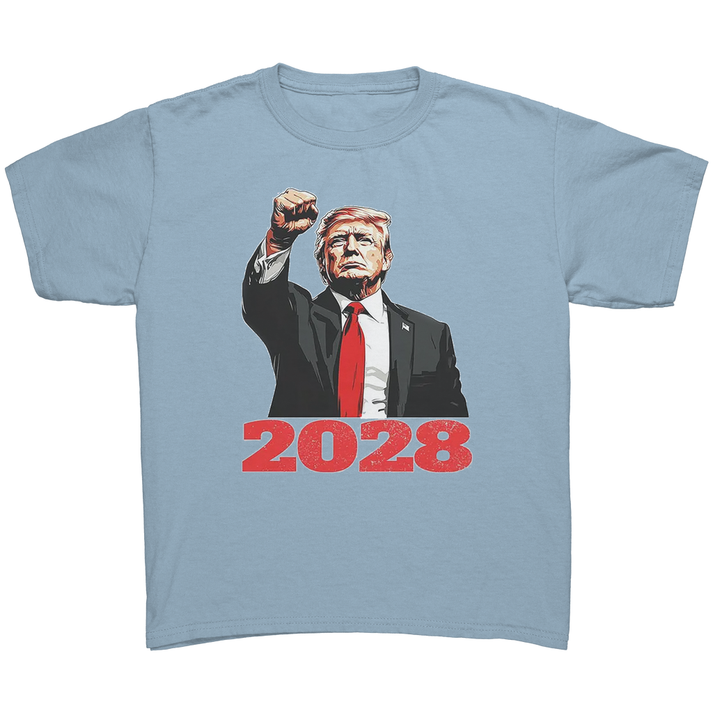 Bold Trump 2028 Fist Art Apparel featuring Trump with a raised fist and '2028' text on a light blue tee.