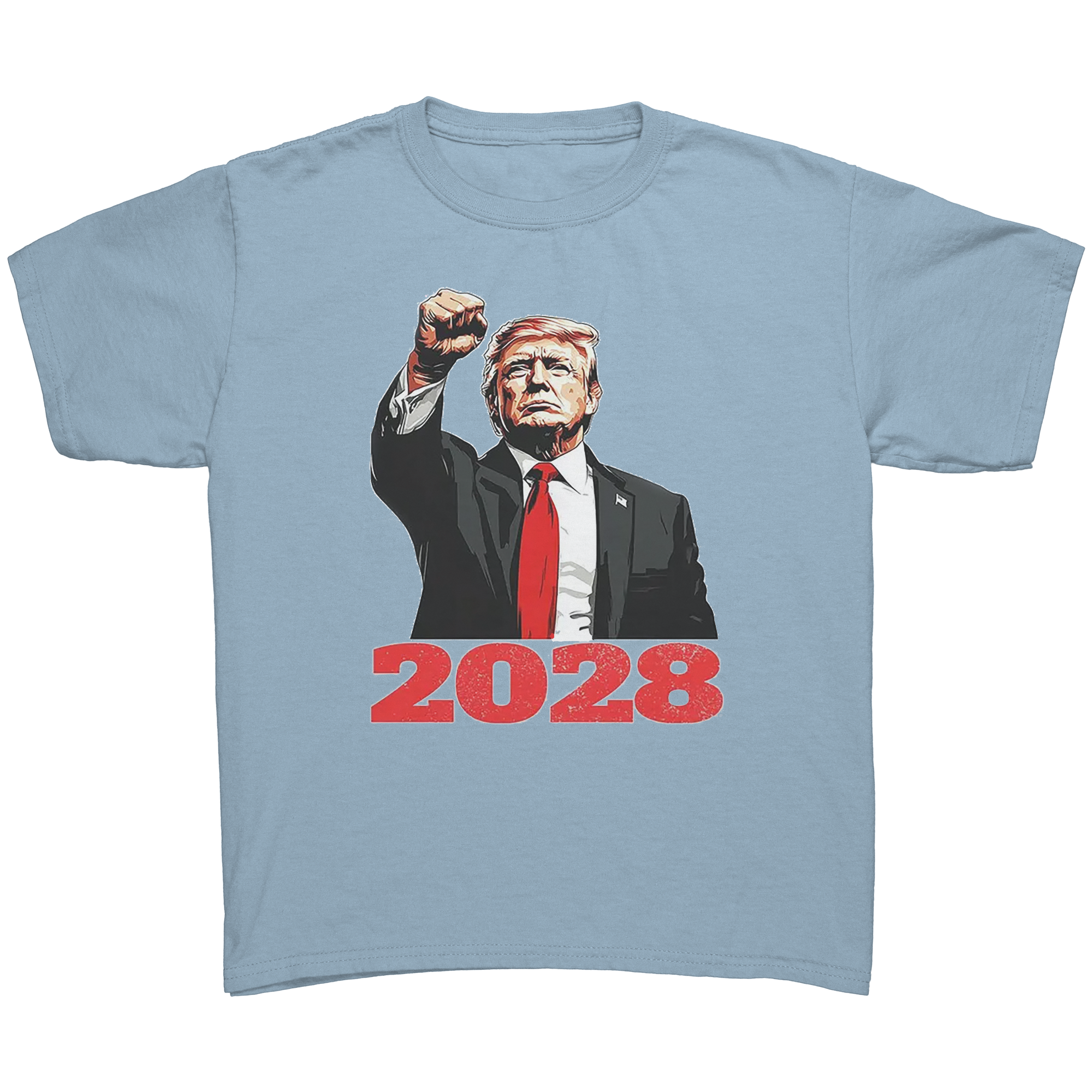 Bold Trump 2028 Fist Art Apparel featuring Trump with a raised fist and '2028' text on a light blue tee.