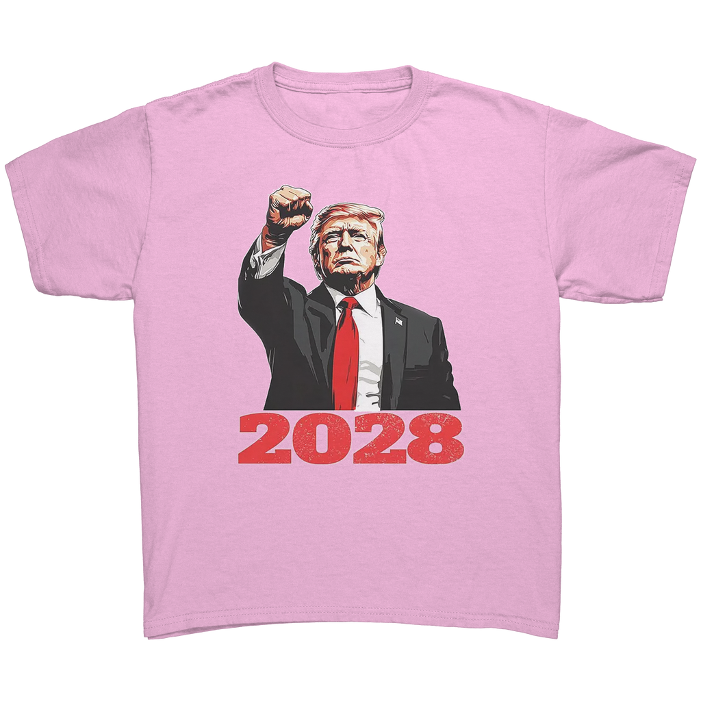 Bold Trump 2028 Fist Art Apparel graphic tee featuring Trump with raised fist and 2028 text in bold red.