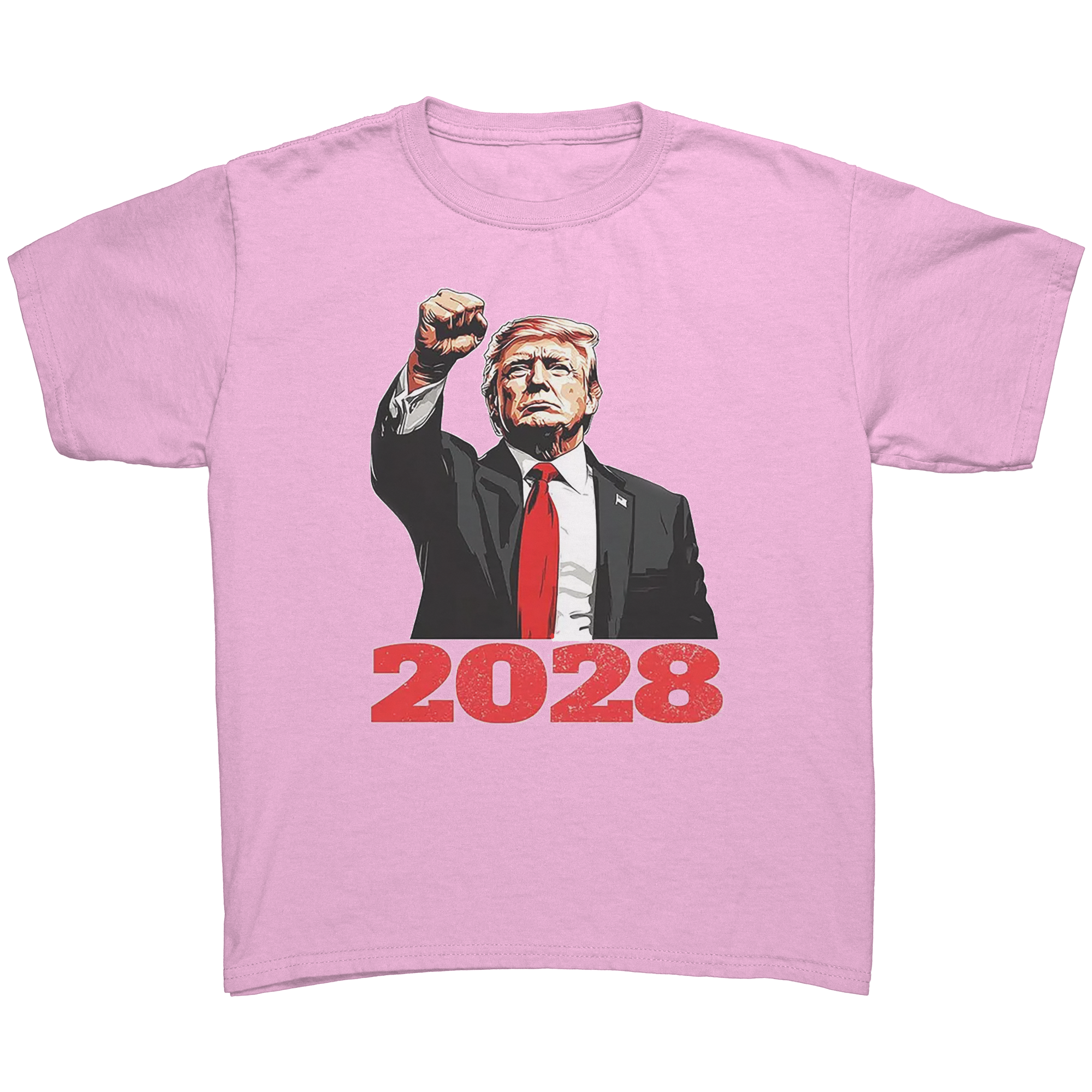 Bold Trump 2028 Fist Art Apparel graphic tee featuring Trump with raised fist and 2028 text in bold red.
