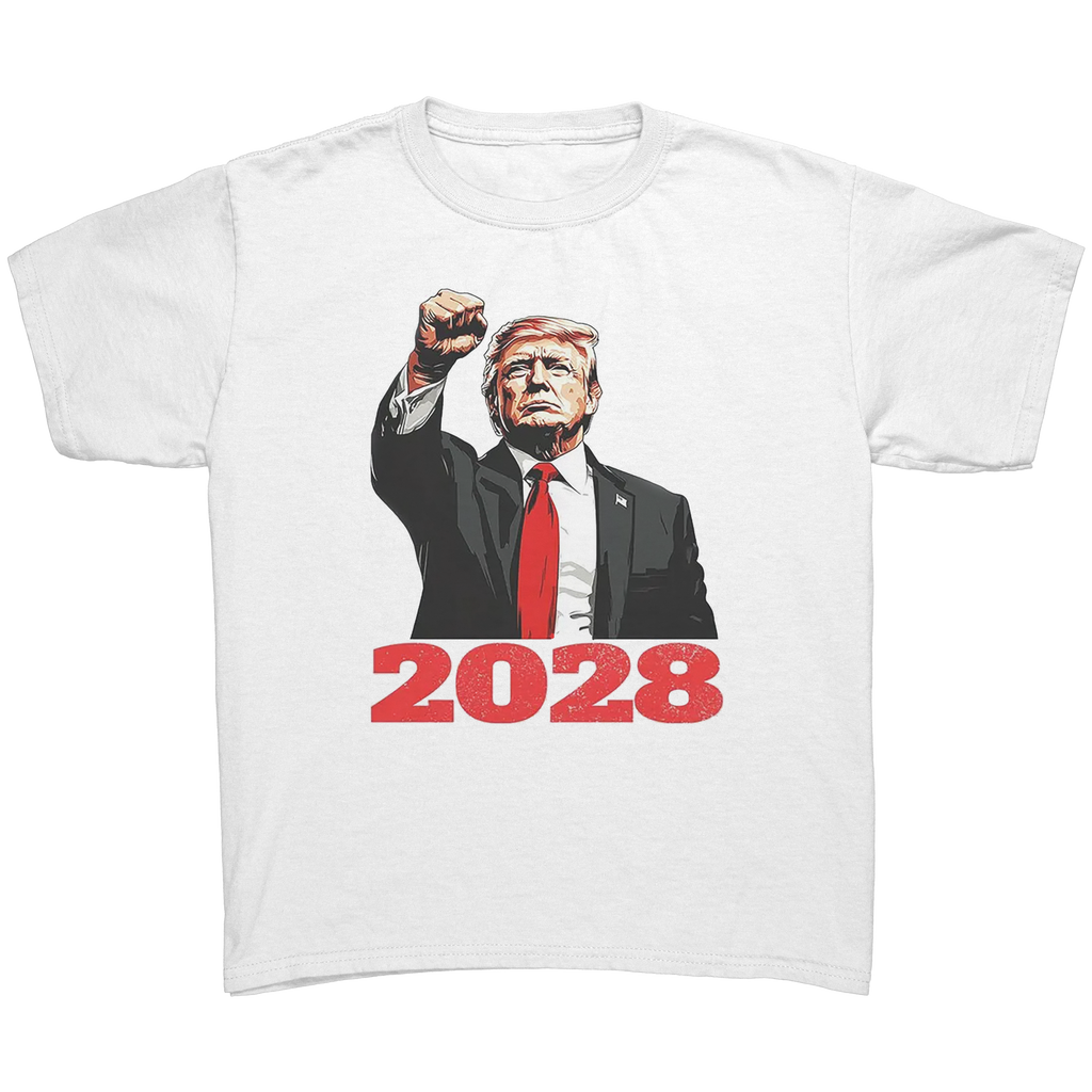 Bold Trump 2028 Fist Art Apparel graphic tee featuring a bold design of Trump raising a fist with the year 2028.