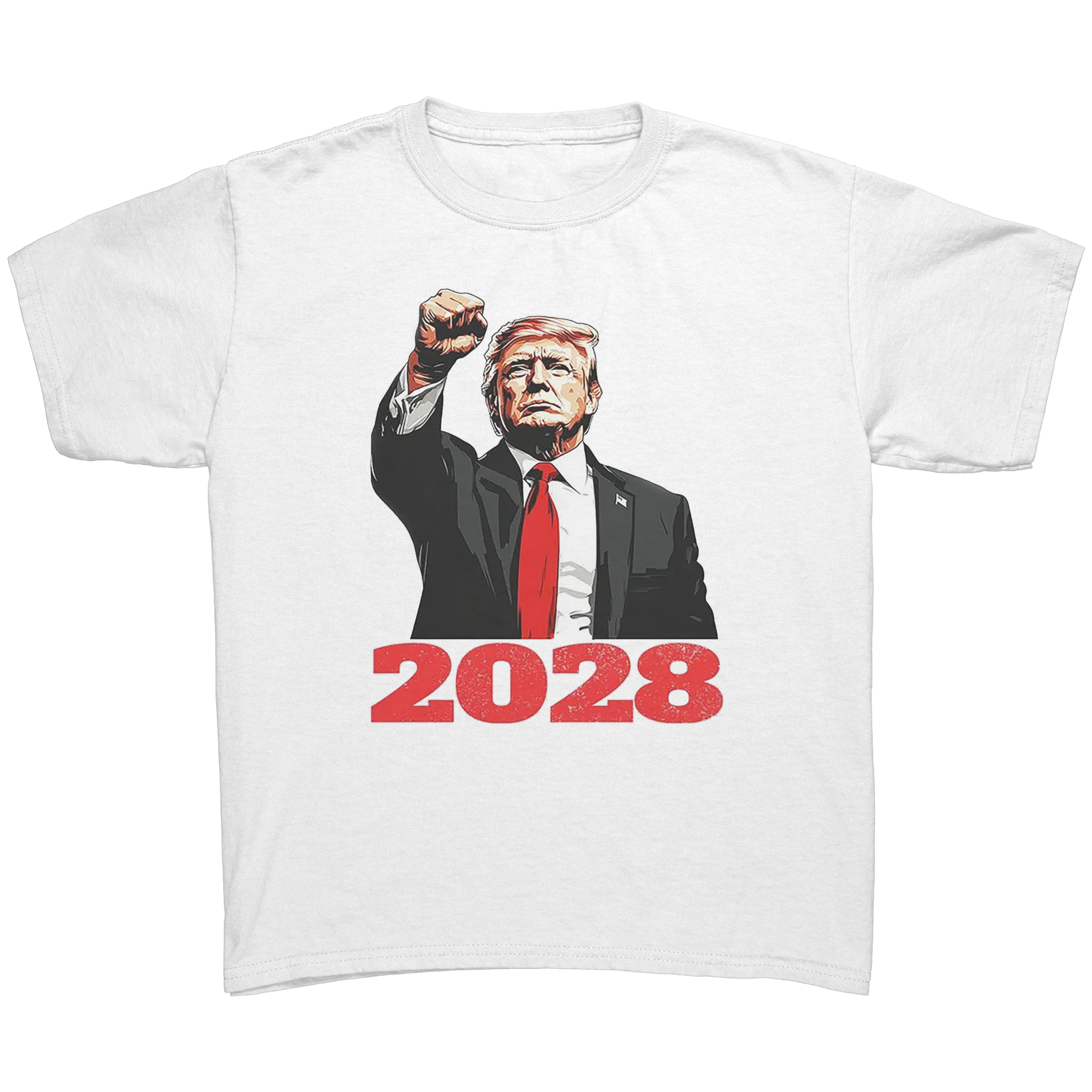 Bold Trump 2028 Fist Art Apparel graphic tee featuring a bold design of Trump raising a fist with the year 2028.