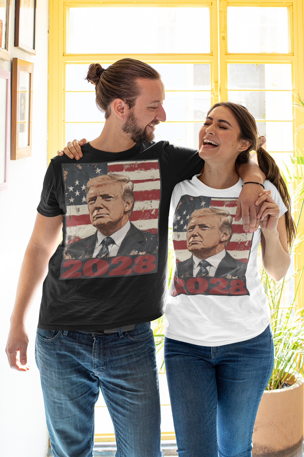 Couple wearing Trump 2028 US Flag Apparel Style t-shirts, showcasing patriotic support and ideals.