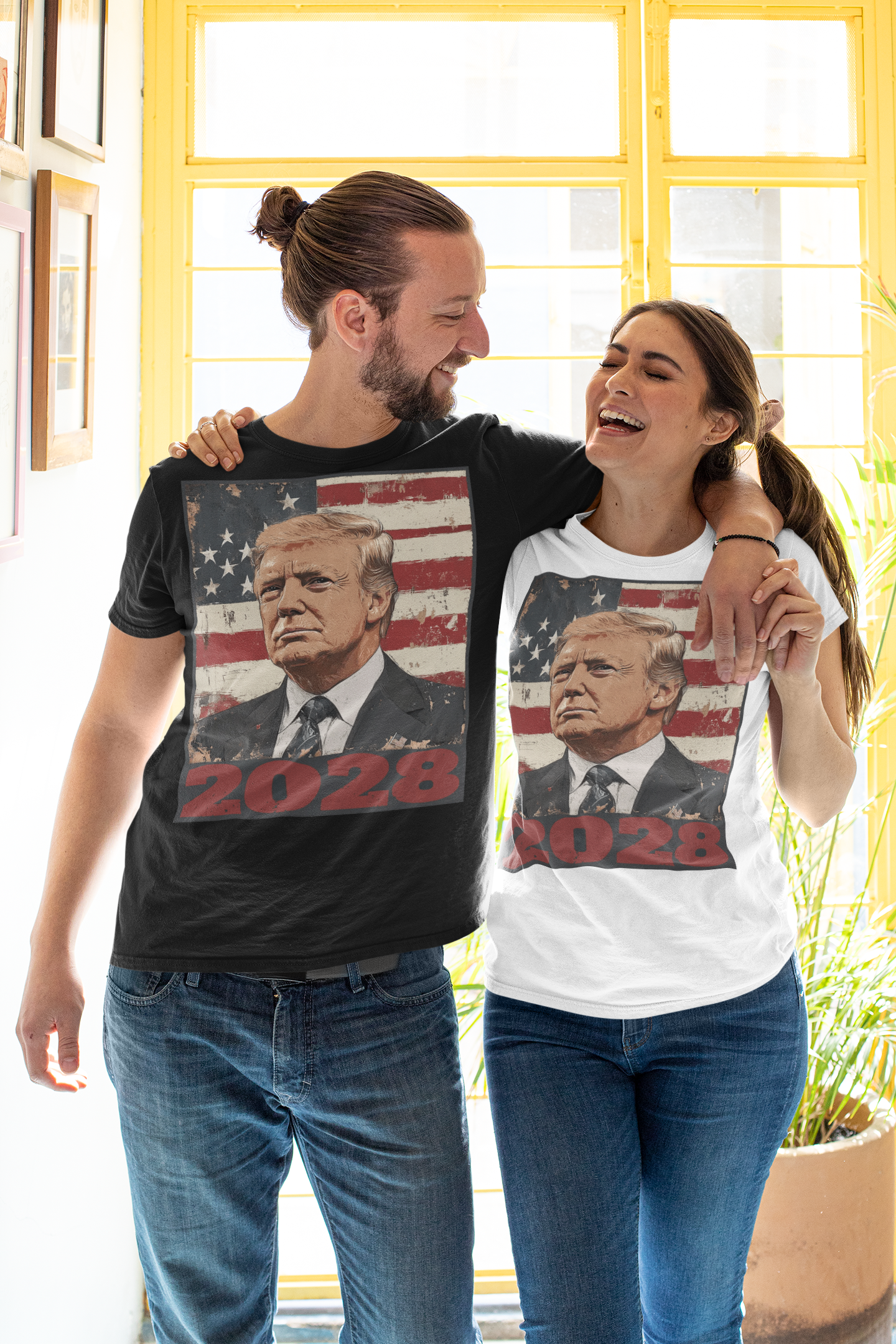 Couple wearing Trump 2028 US Flag Apparel Style t-shirts, showcasing patriotic support and ideals.