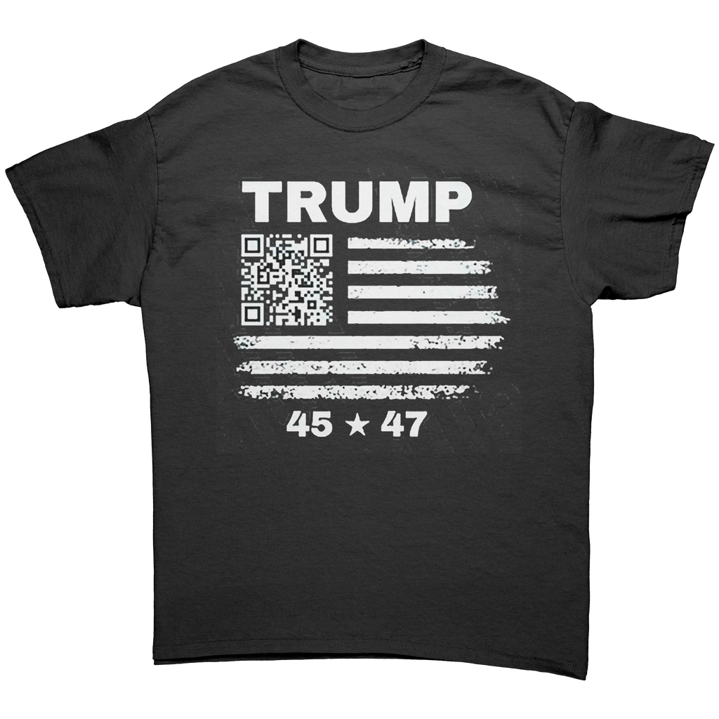 Presidential 45 47 Trump Series graphic tee featuring a distressed flag design and QR code.