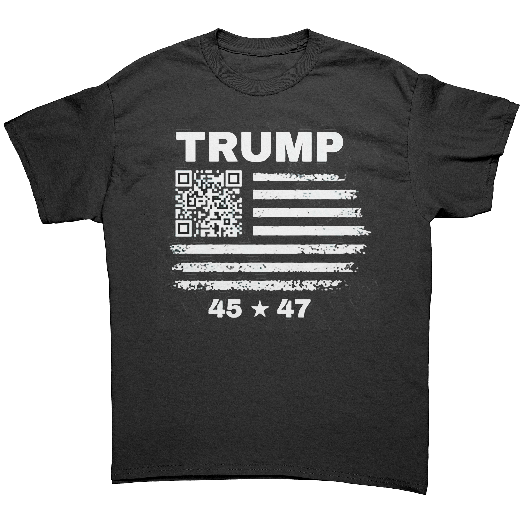 Presidential 45 47 Trump Series graphic tee featuring a distressed flag design and QR code.