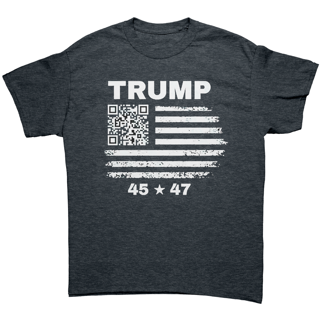 Graphic tee featuring the Presidential 45 47 Trump Series design with QR code and distressed American flag.
