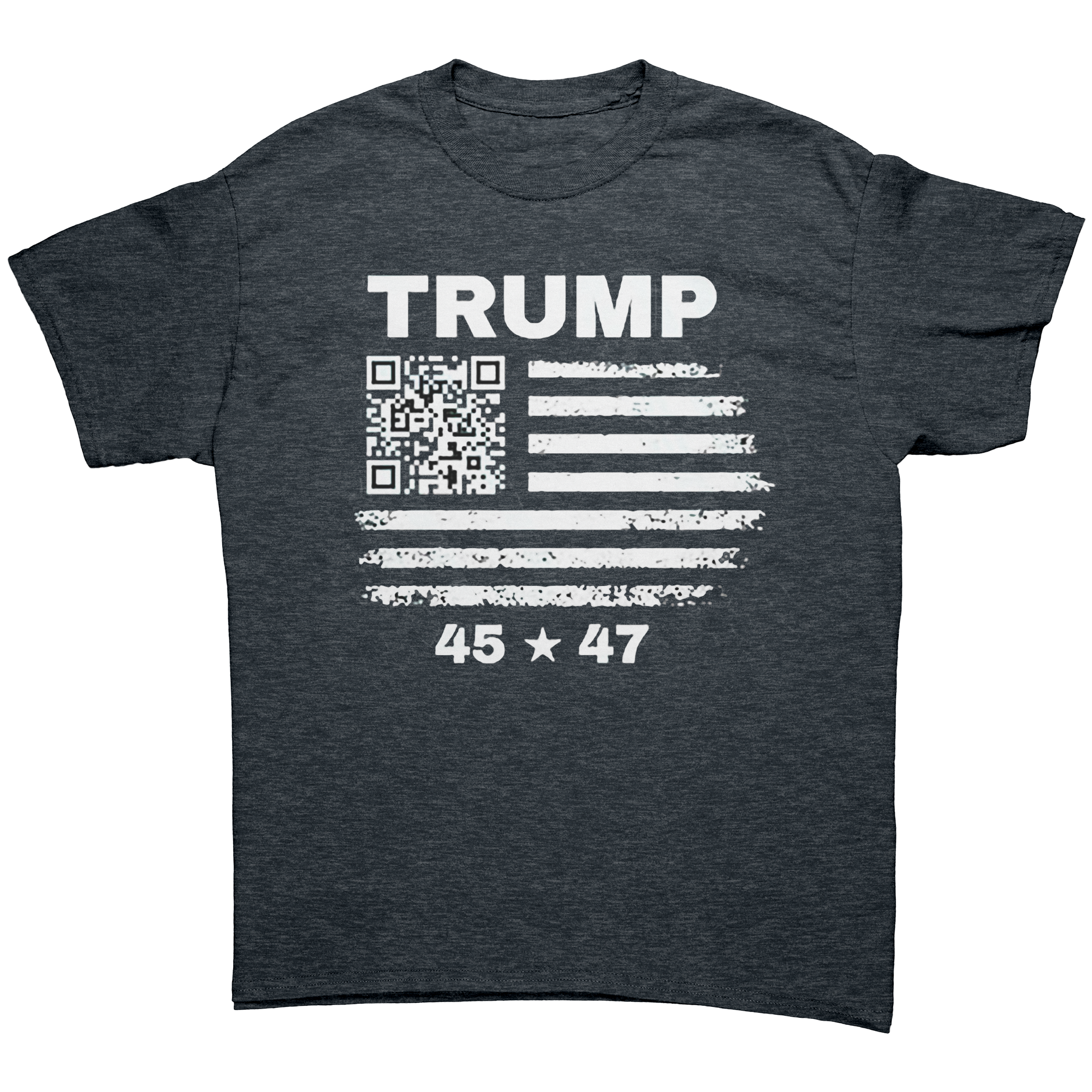Graphic tee featuring the Presidential 45 47 Trump Series design with QR code and distressed American flag.