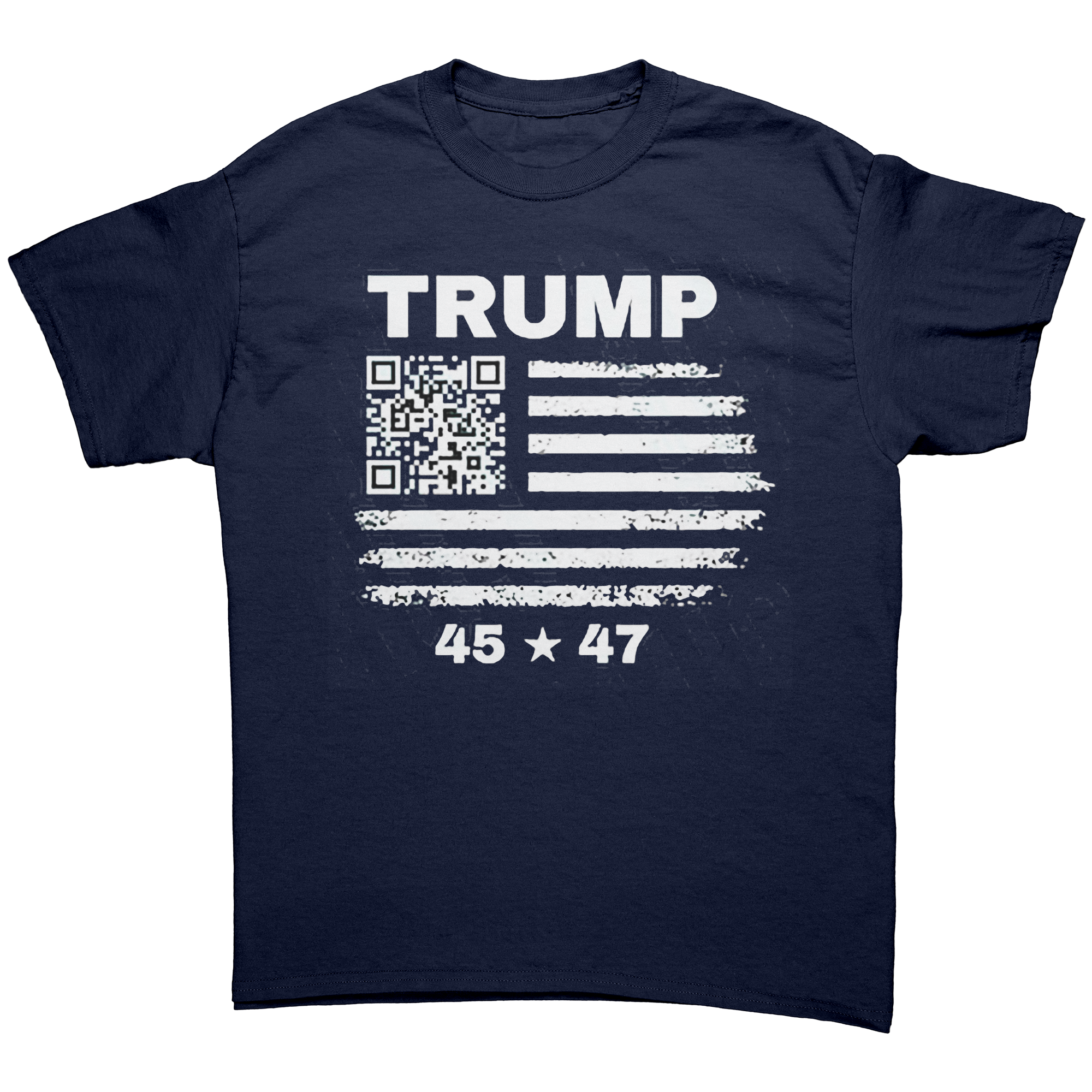 Presidential 45 47 Trump Series graphic tee featuring QR code and distressed American flag design.