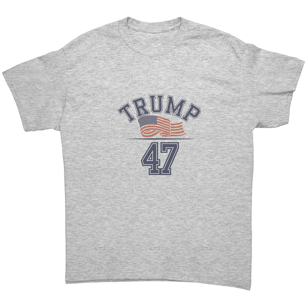 Trump 47 Patriotic Banner Print gray graphic tee featuring bold design and American flag motifs.