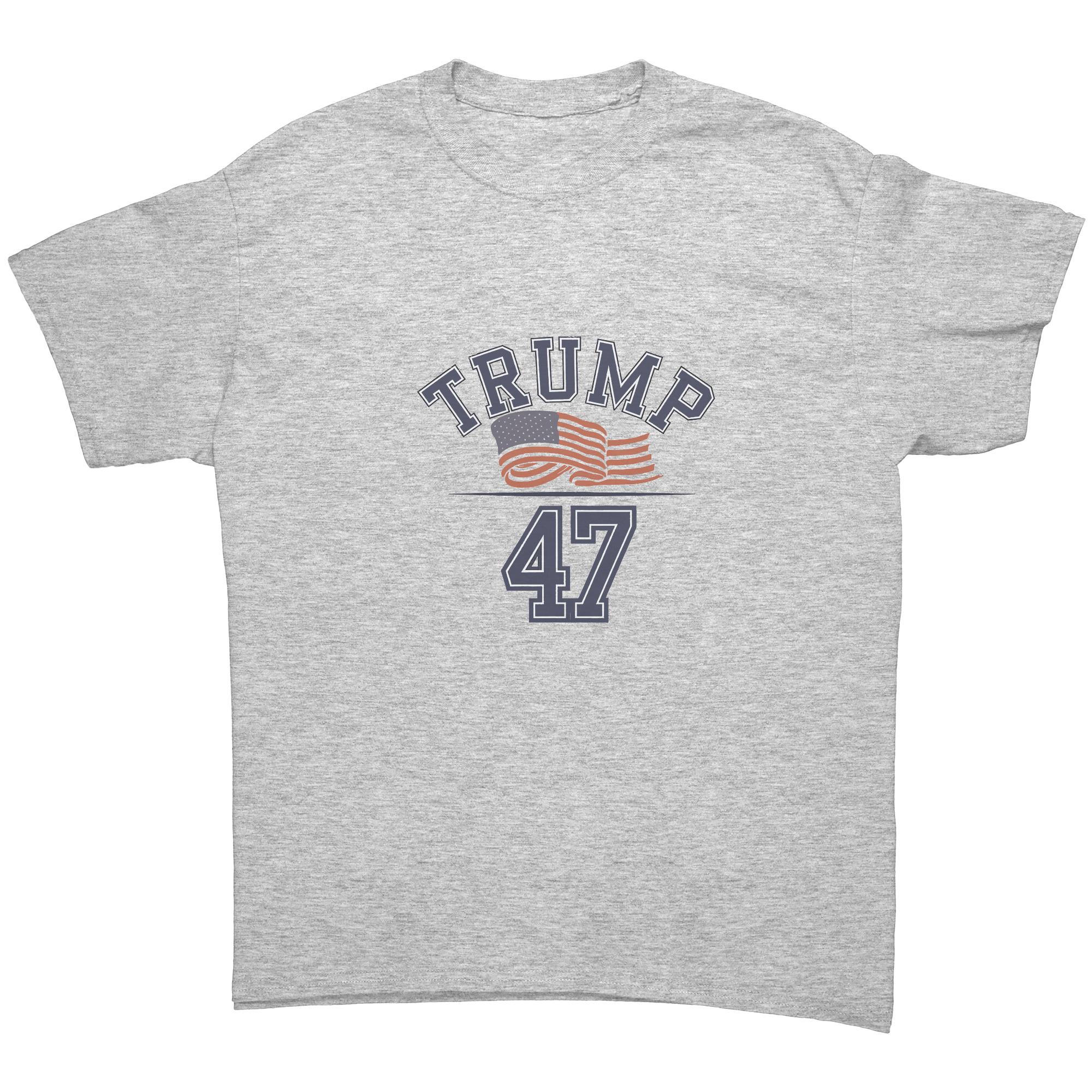 Trump 47 Patriotic Banner Print gray graphic tee featuring bold design and American flag motifs.